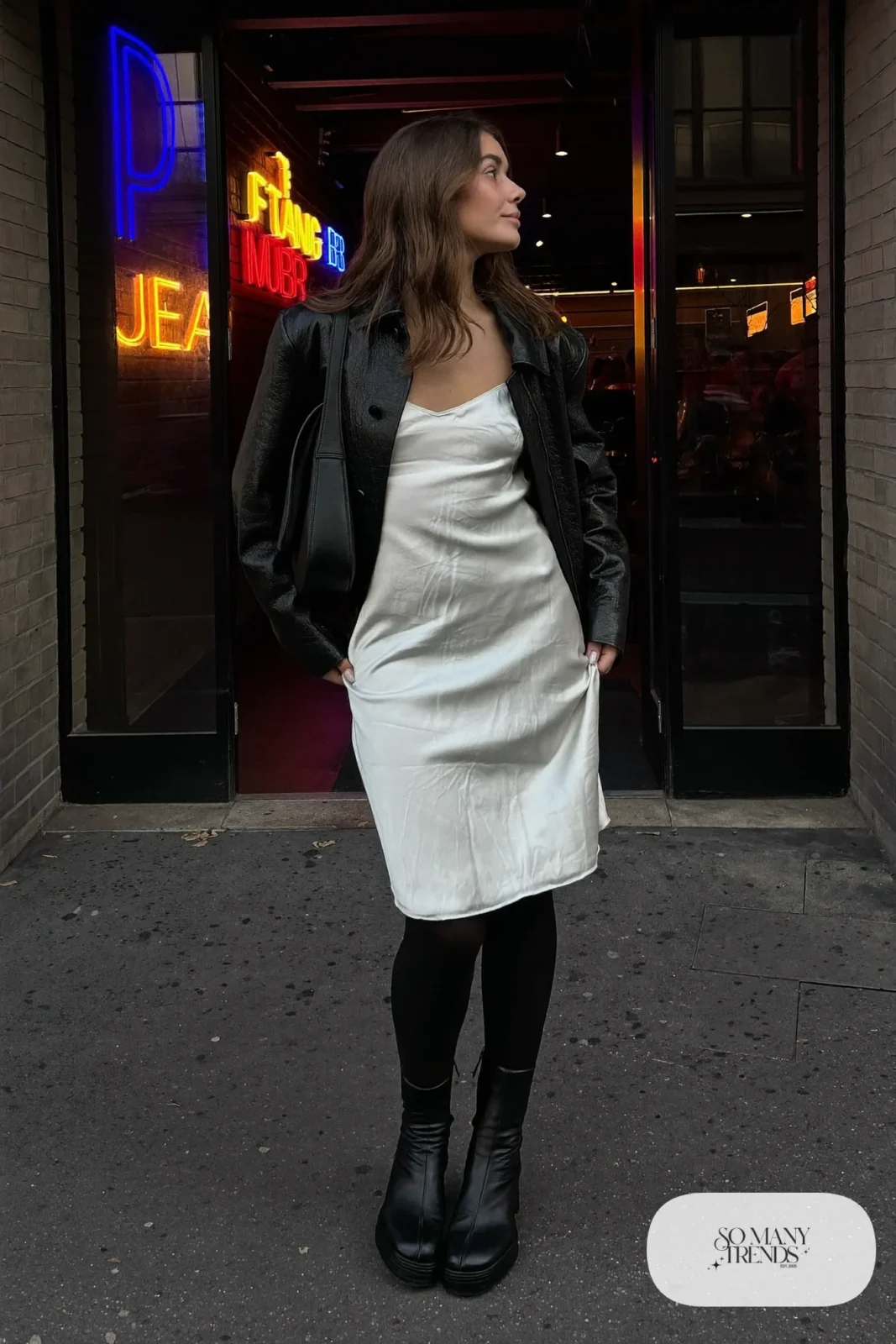 Pearl silk slip dress with black leather jacket, black tights and chunky heeled boots, outfit 13