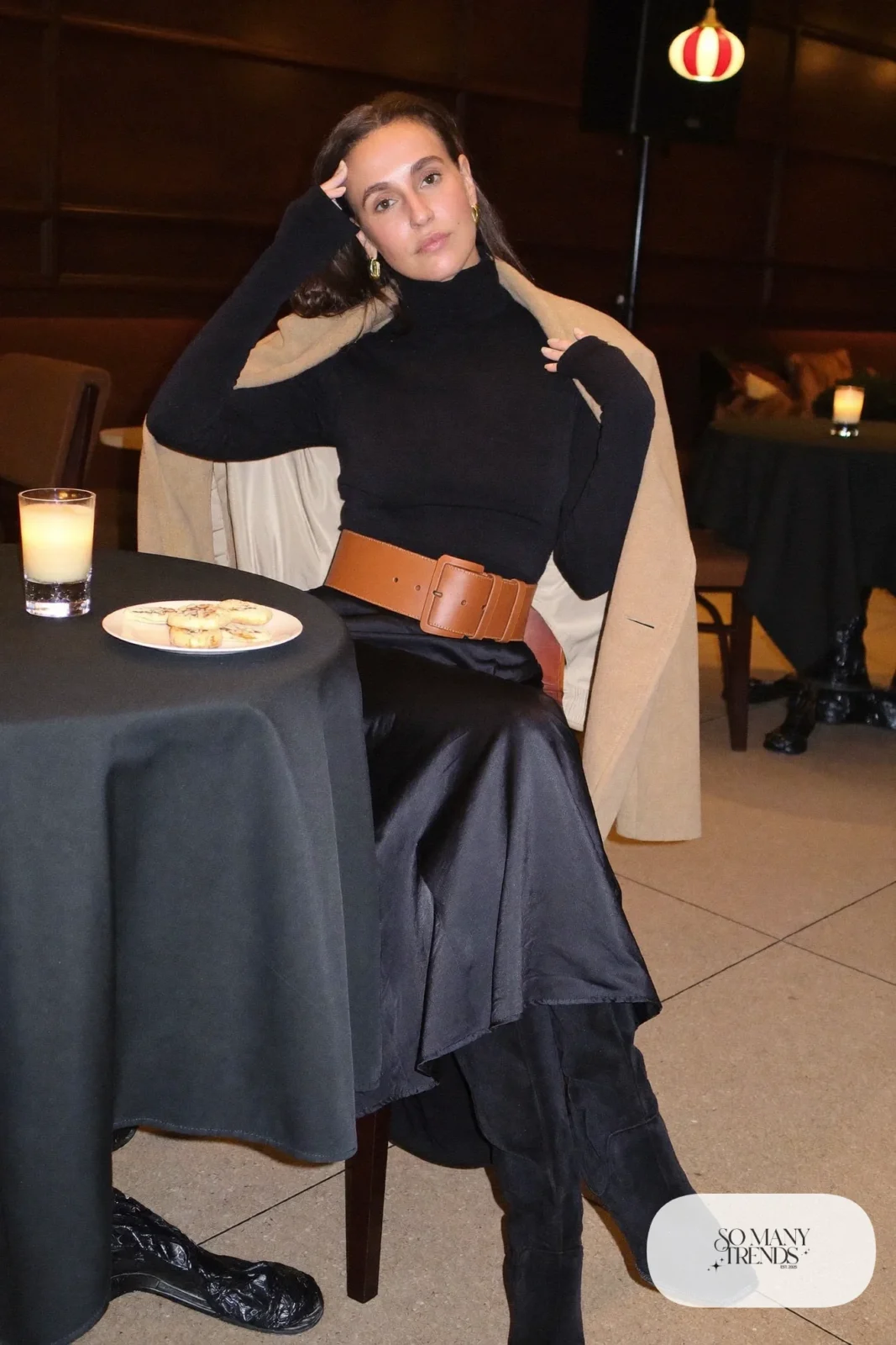 Black turtleneck midi dress with cognac leather belt, knee-high boots and short coat, outfit 22
