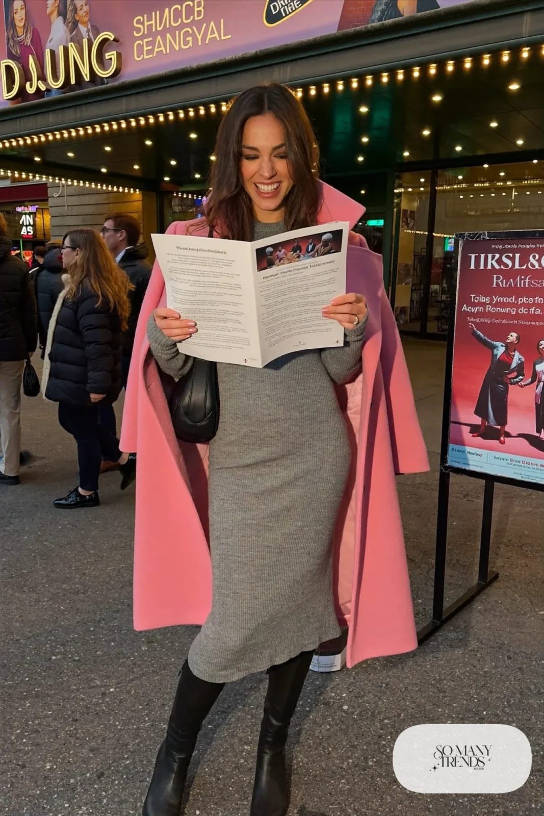 Woman in a gray ribbed knit midi dress, dusty pink wool-blend coat and black knee-high boots, theater outfit 21