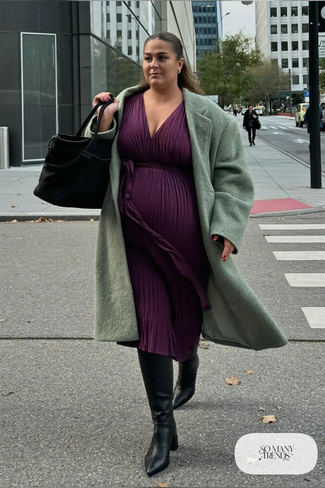 Woman in plum crepe midi dress, sage wool wrap coat, black tights and black block-heel boots, outfit 15