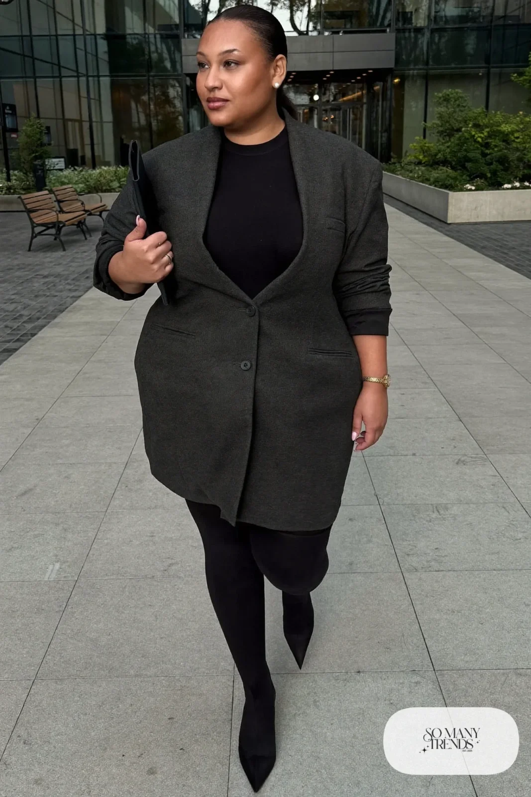 Woman in a charcoal single-button blazer dress with opaque tights and pointed ankle boots, outfit 12