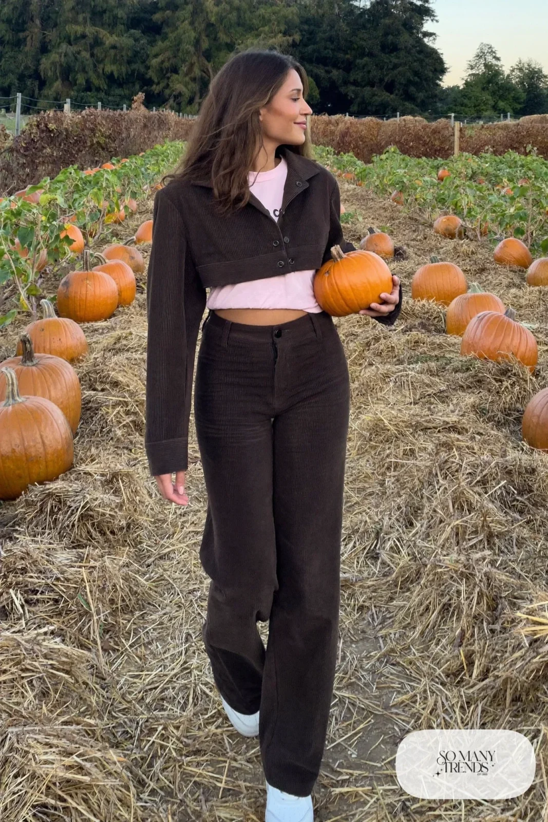 Woman with pear-shaped figure in a cropped espresso corduroy jacket, pale pink tee, dark straight pants and white sneakers, outfit 16