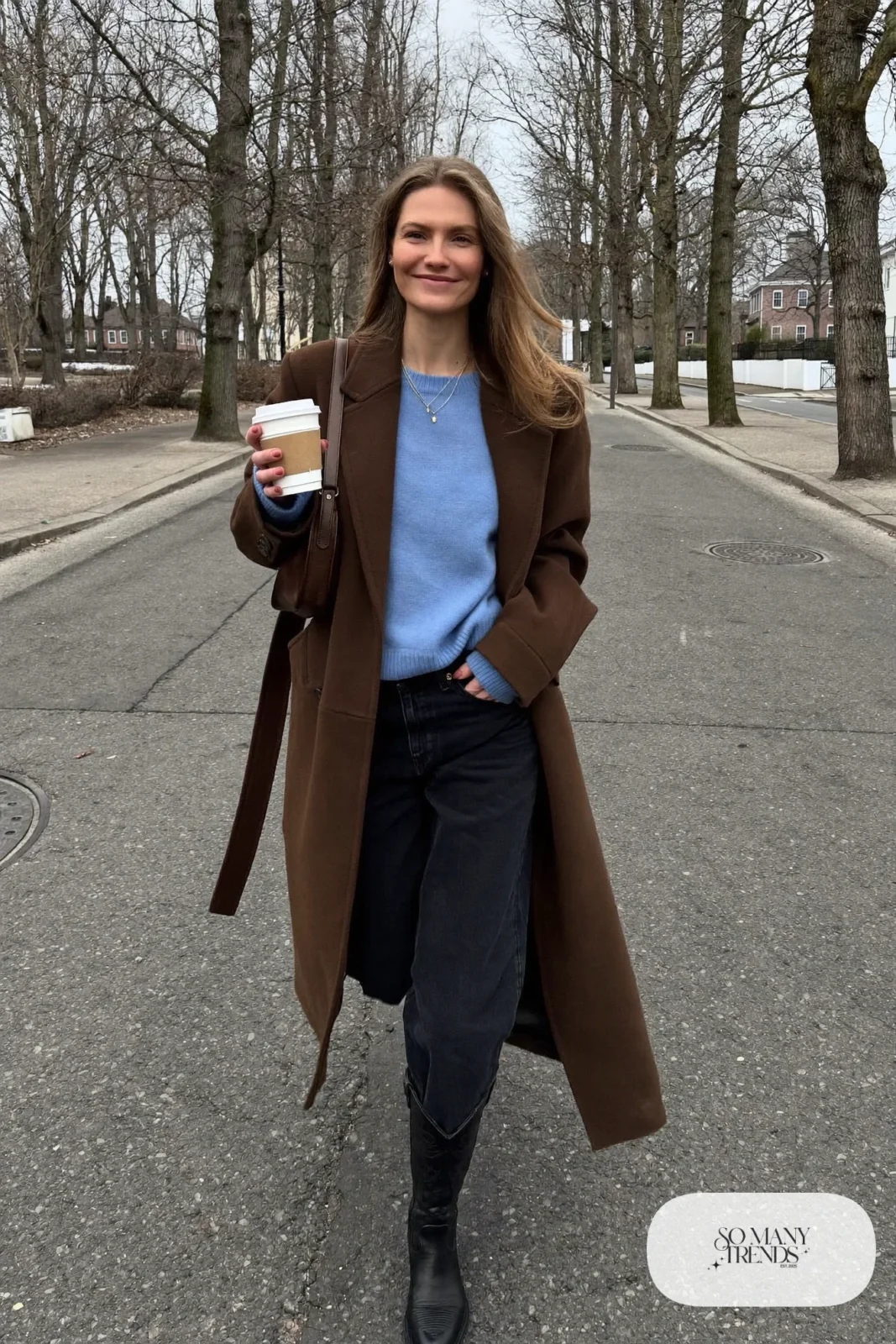 Chocolate brown wool wrap coat, powder blue knit, straight dark denim and black cowboy boots, outfit 6
