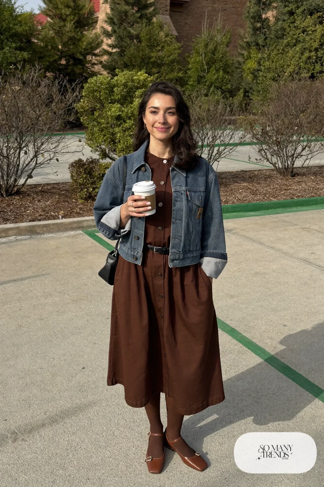 Chocolate brown midi shirt dress, blue denim jacket, brown tights and tan flats - outfit 2