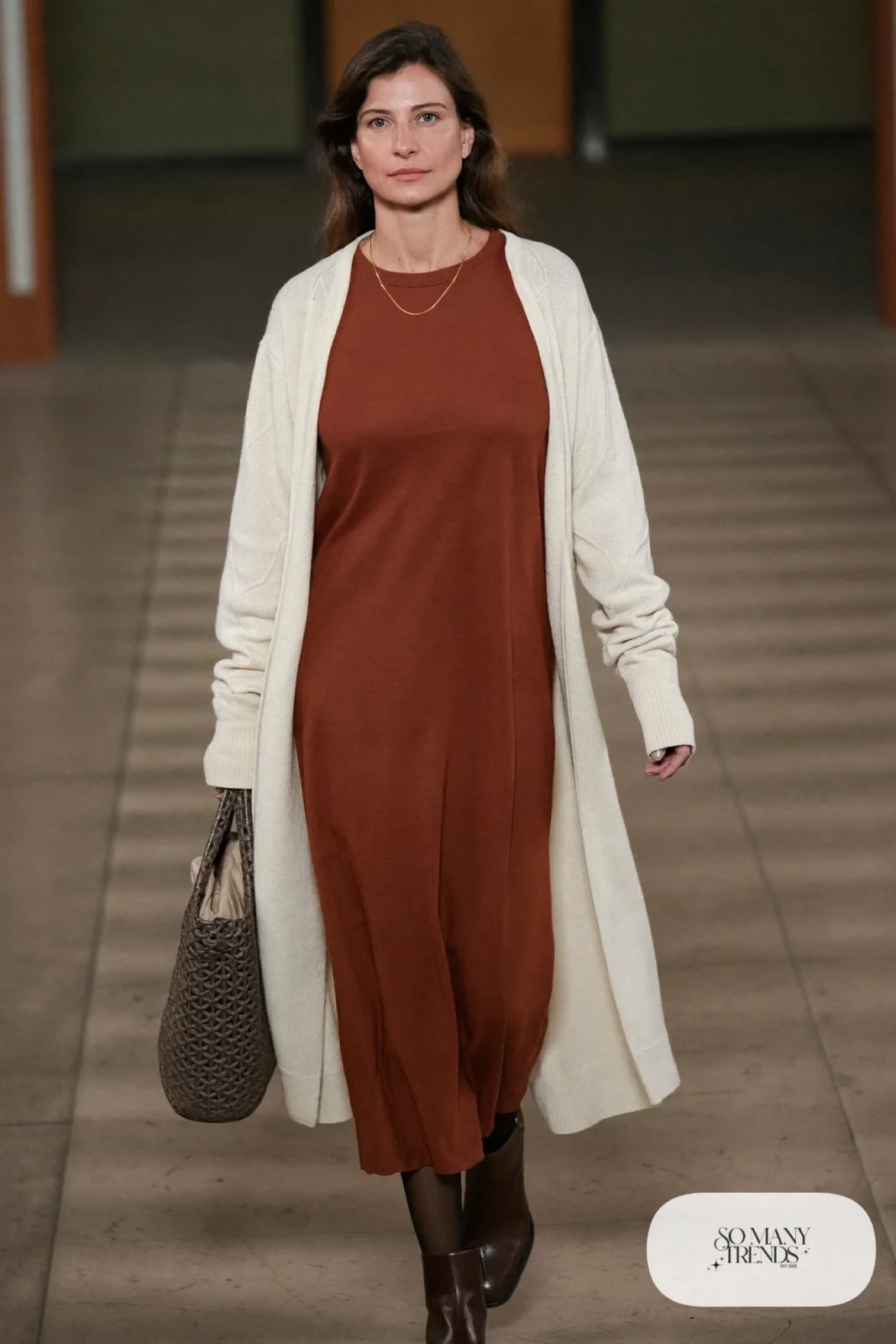 Rust long-sleeve maxi dress, ivory long cardigan and brown ankle boots - outfit 3