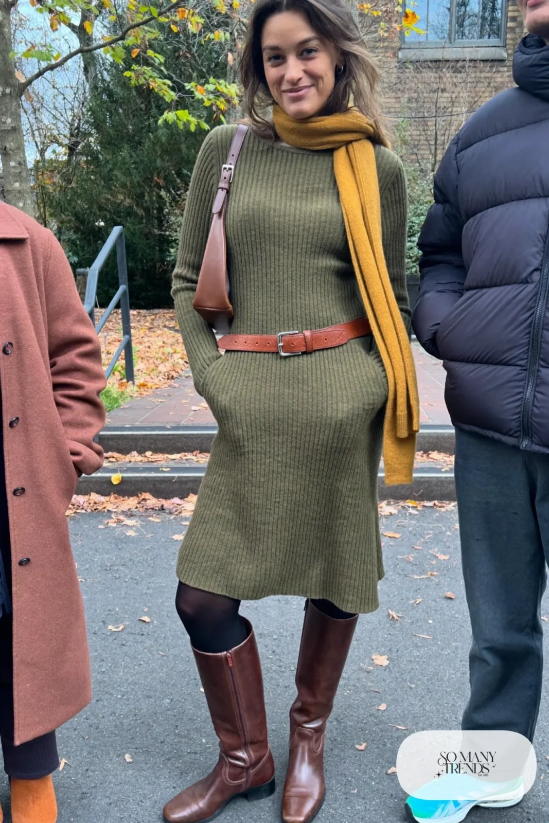 Olive rib-knit midi dress, brown belt, mustard scarf and tall brown boots - outfit 5