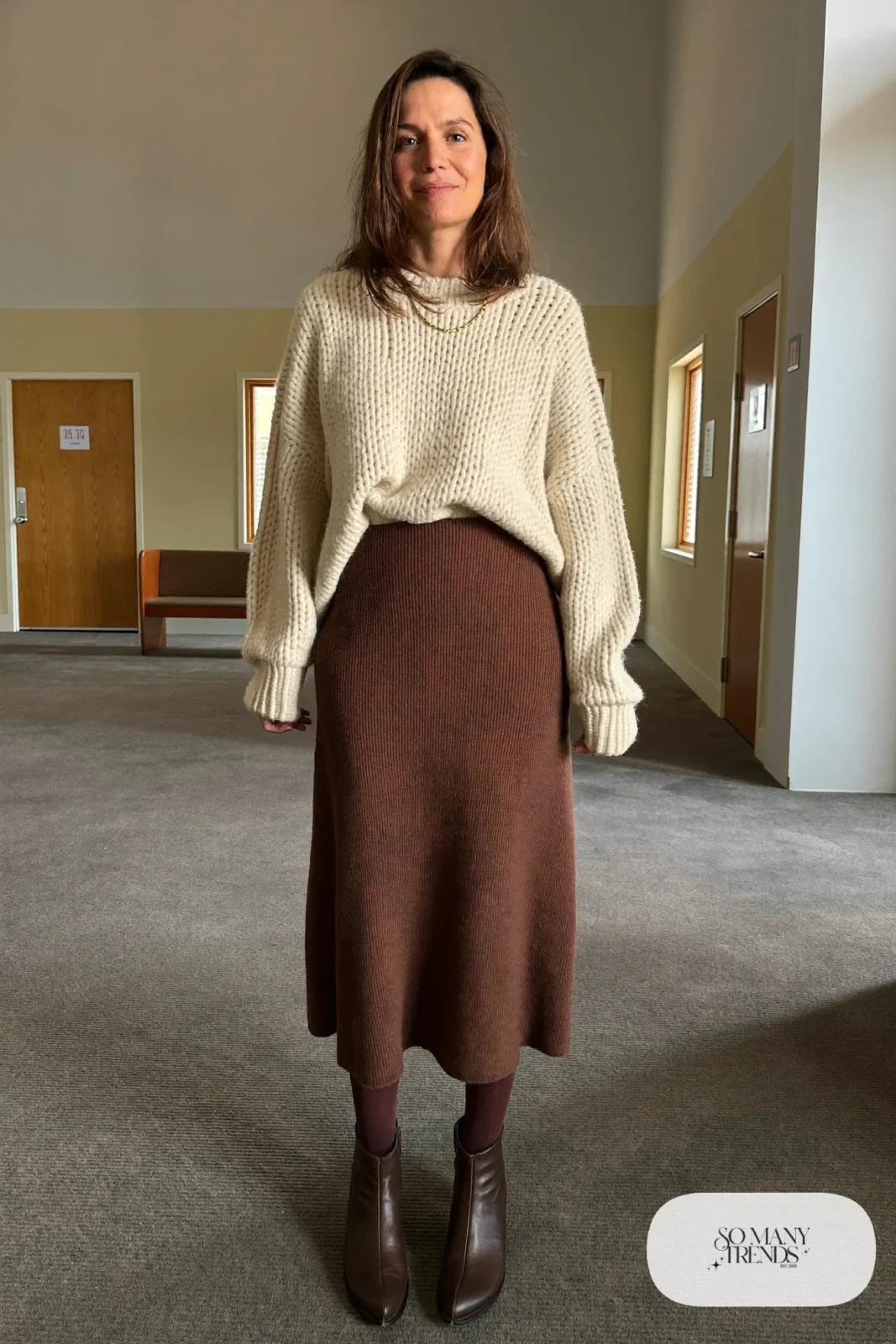 Chocolate rib-knit midi skirt, cream oversized sweater, brown tights and ankle boots - outfit 16