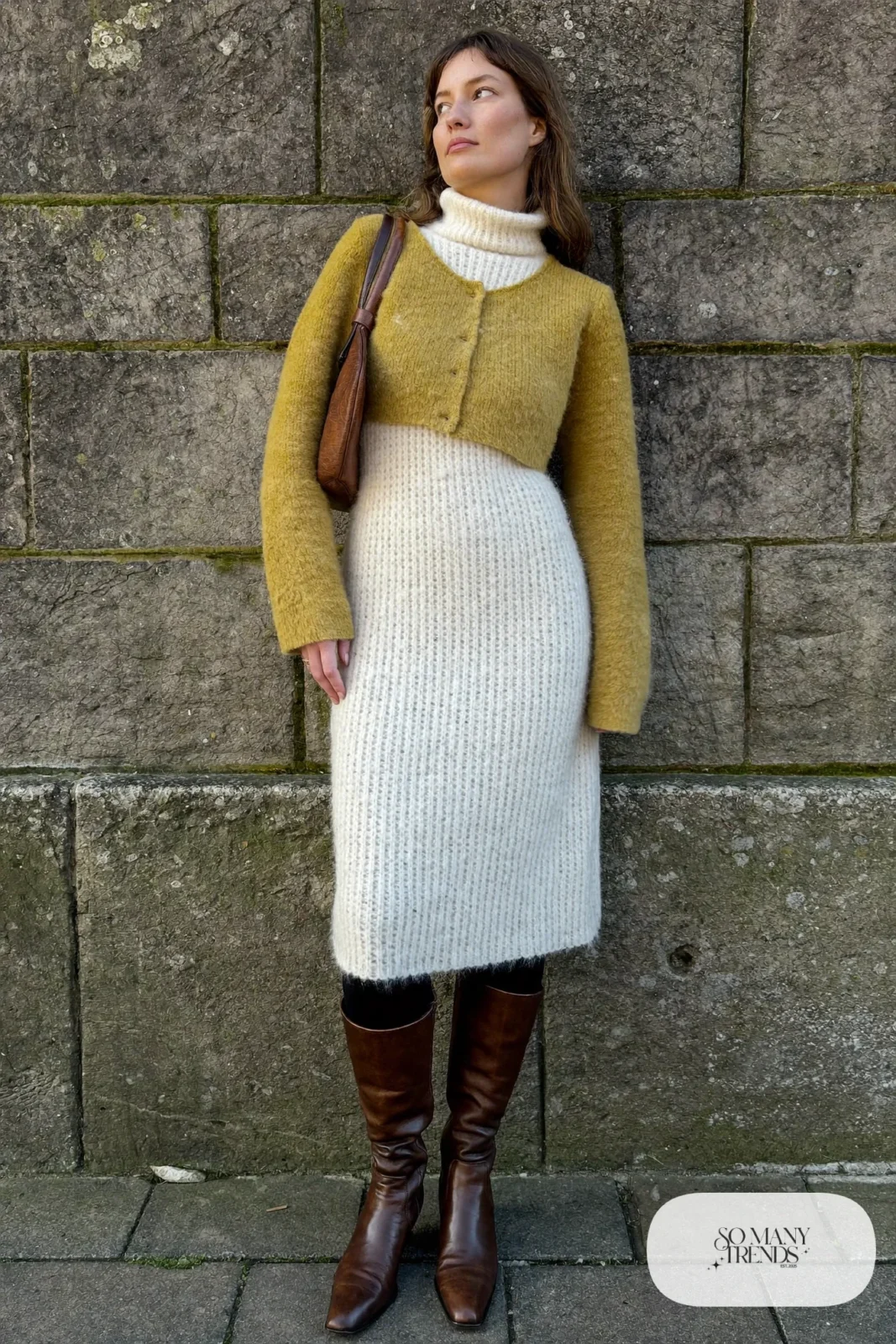 Ivory knit turtleneck midi dress, mustard cropped cardigan and tall brown boots - outfit 18