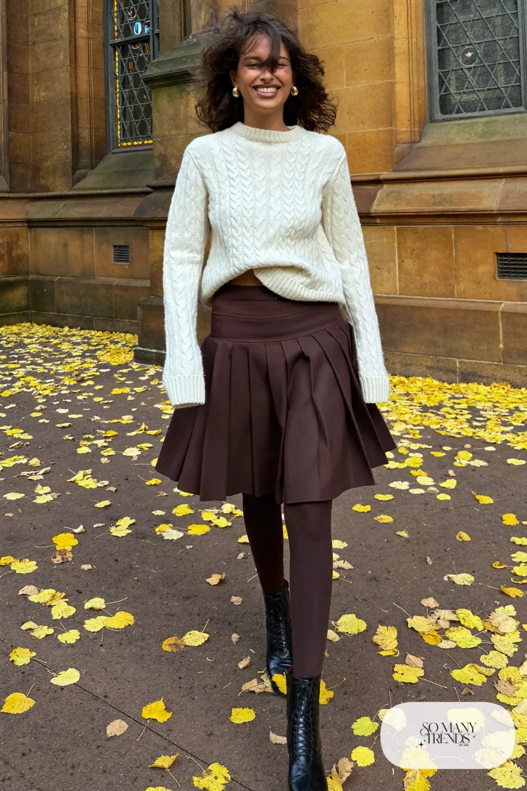 Cream cable-knit sweater, brown pleated midi skirt, sheer tights and black ankle boots - outfit 20