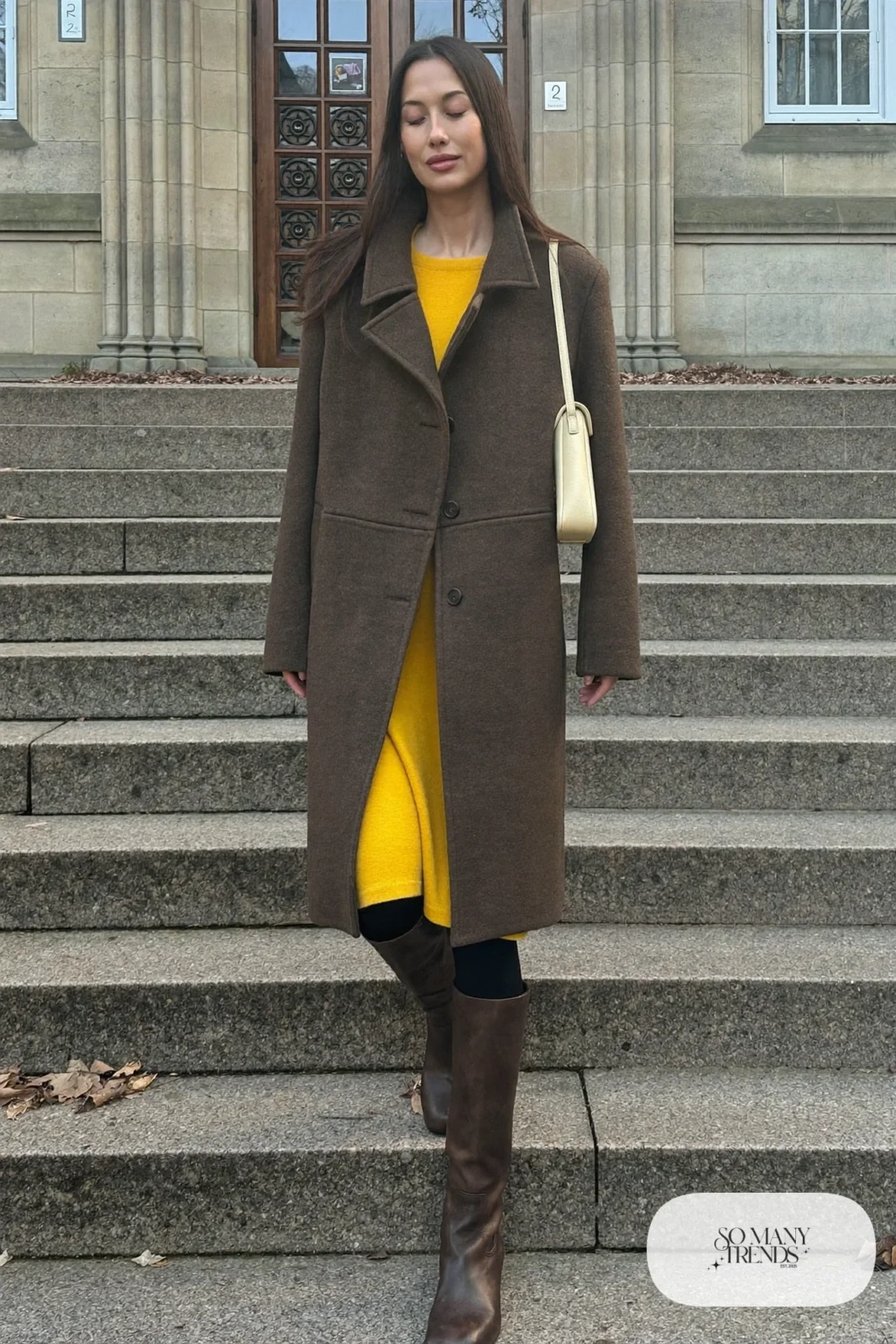 Long chocolate wool coat, mustard midi dress and tall brown boots - outfit 22