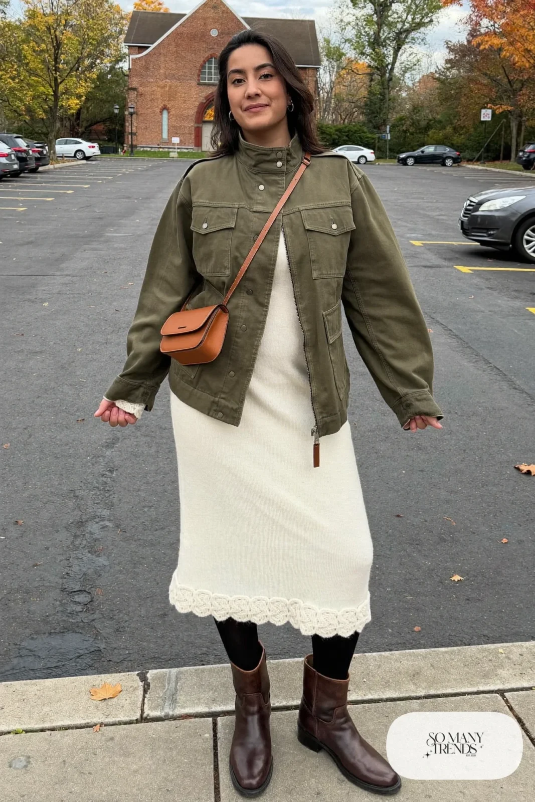 Olive utility jacket, cream knit midi dress and brown ankle boots - outfit 26