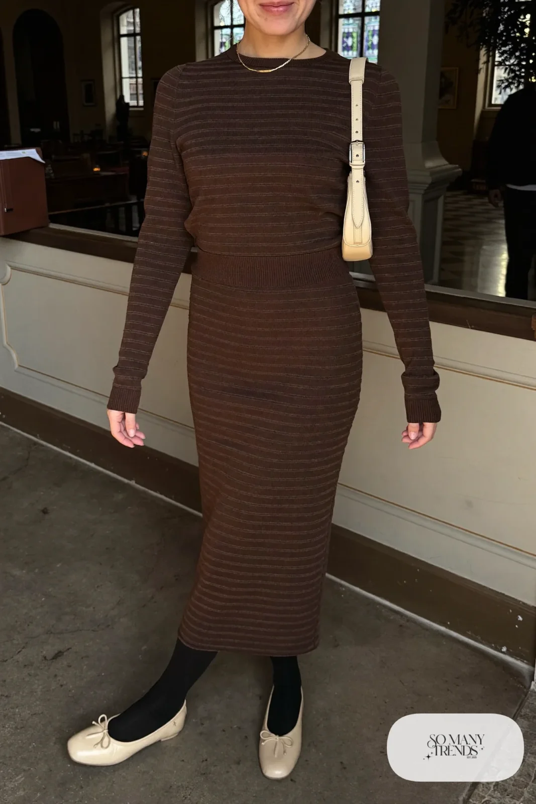Chocolate rib-knit matching long-sleeve top and midi skirt with cream flats - outfit 28