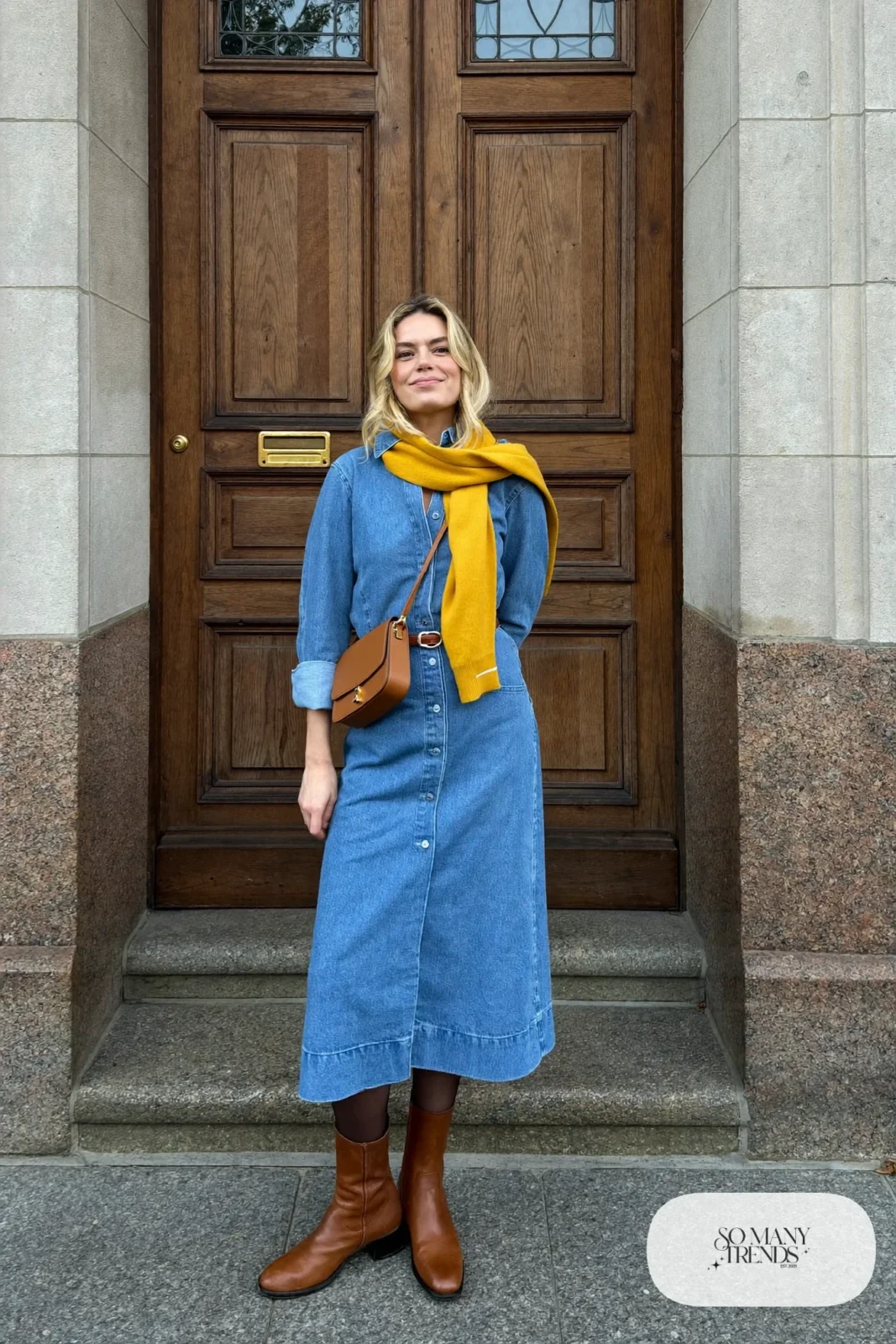 Mid-blue denim midi shirt dress, mustard scarf, brown belt and brown ankle boots - outfit 31