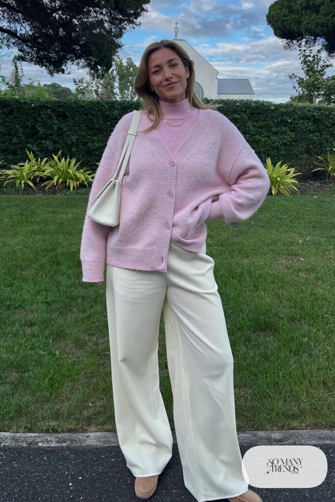Soft pink knit cardigan and shell set, ivory wide pants and tan loafers - outfit 33