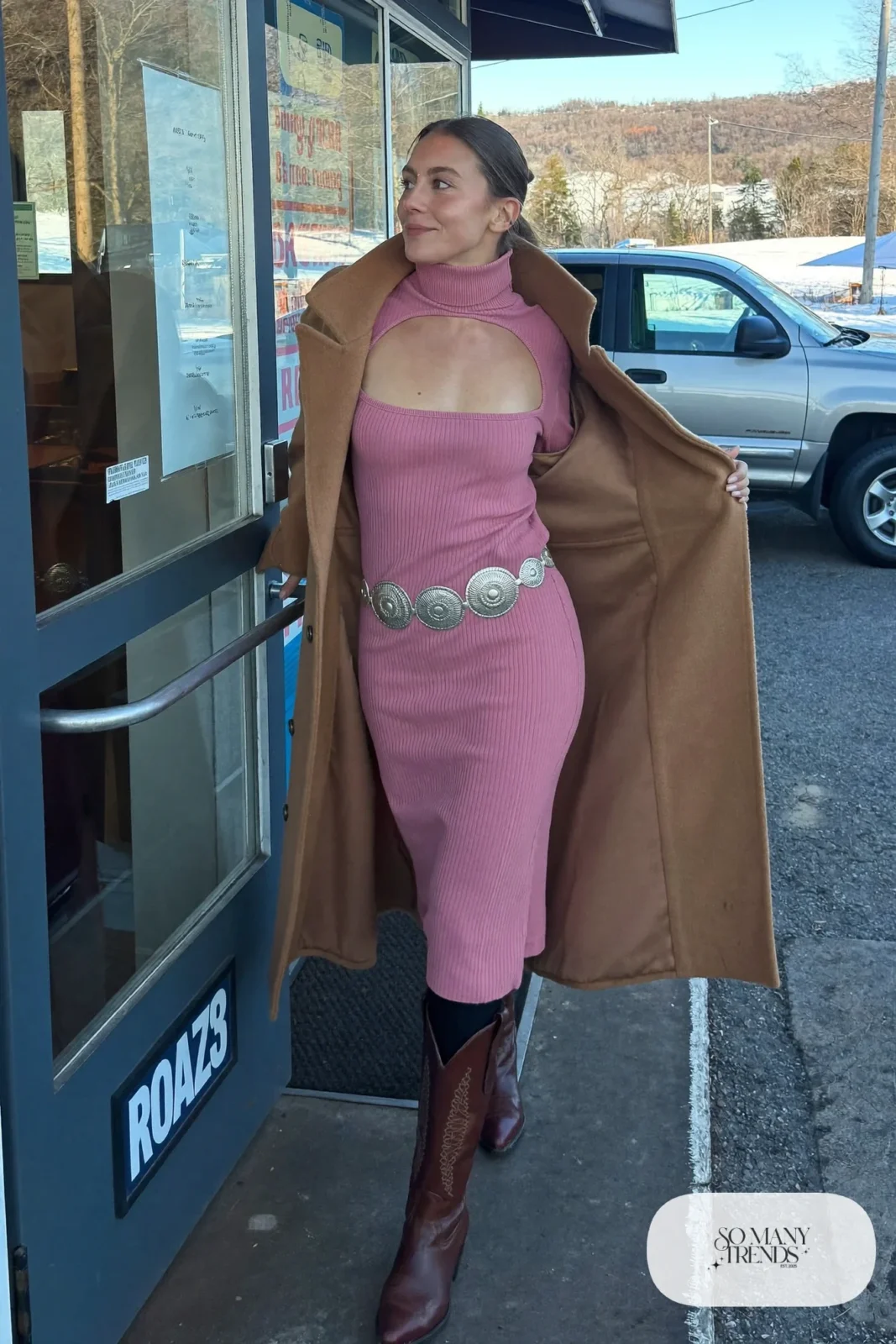 Rose knit turtleneck midi dress with silver concho belt, tall brown boots and camel coat, outfit 31