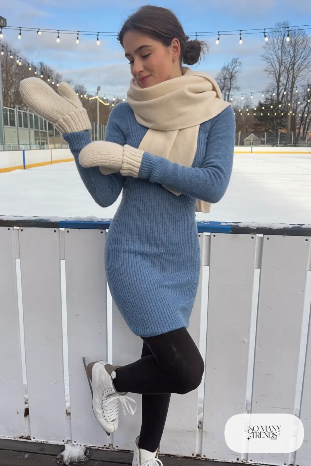 Sky blue knit dress with black fleece-lined tights, cream scarf, mittens and white ice skates - outfit 2