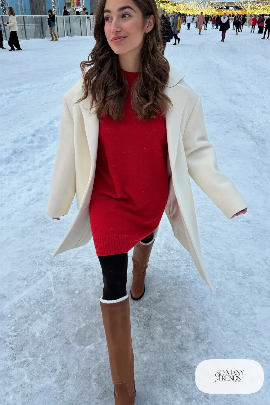 Cranberry knit sweater dress under cream longline coat, fleece tights and mocha knee-high boots - outfit 18
