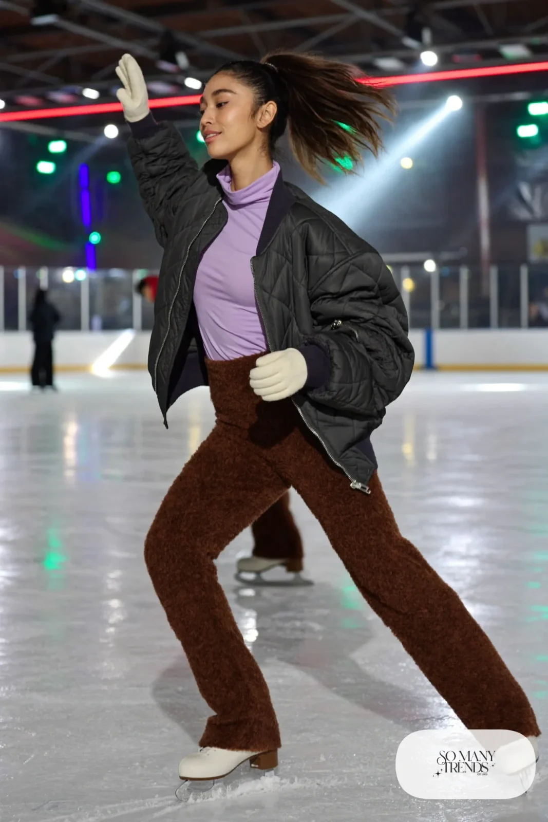 Charcoal quilted bomber jacket over lilac thermal top, mocha leggings, cream gloves and ice skates - outfit 29