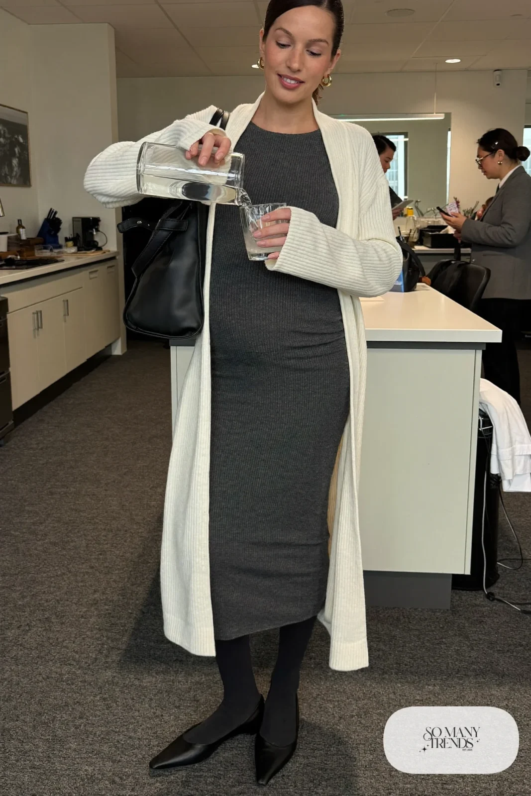 Charcoal ribbed maternity knit midi dress with long ivory cardigan, black tights and flats - outfit 1