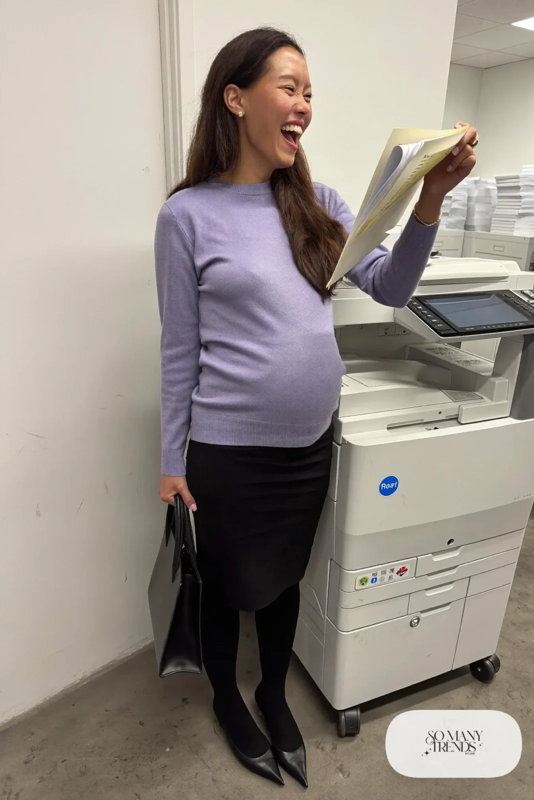 Lavender longline sweater with black maternity pencil skirt, sheer tights and black pumps - outfit 6