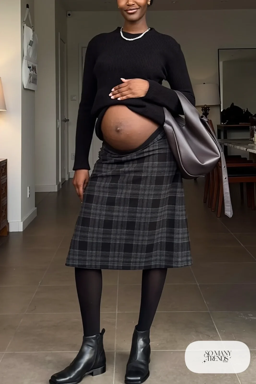 Black longline knit with charcoal plaid maternity midi skirt, black tights and ankle boots - outfit 9