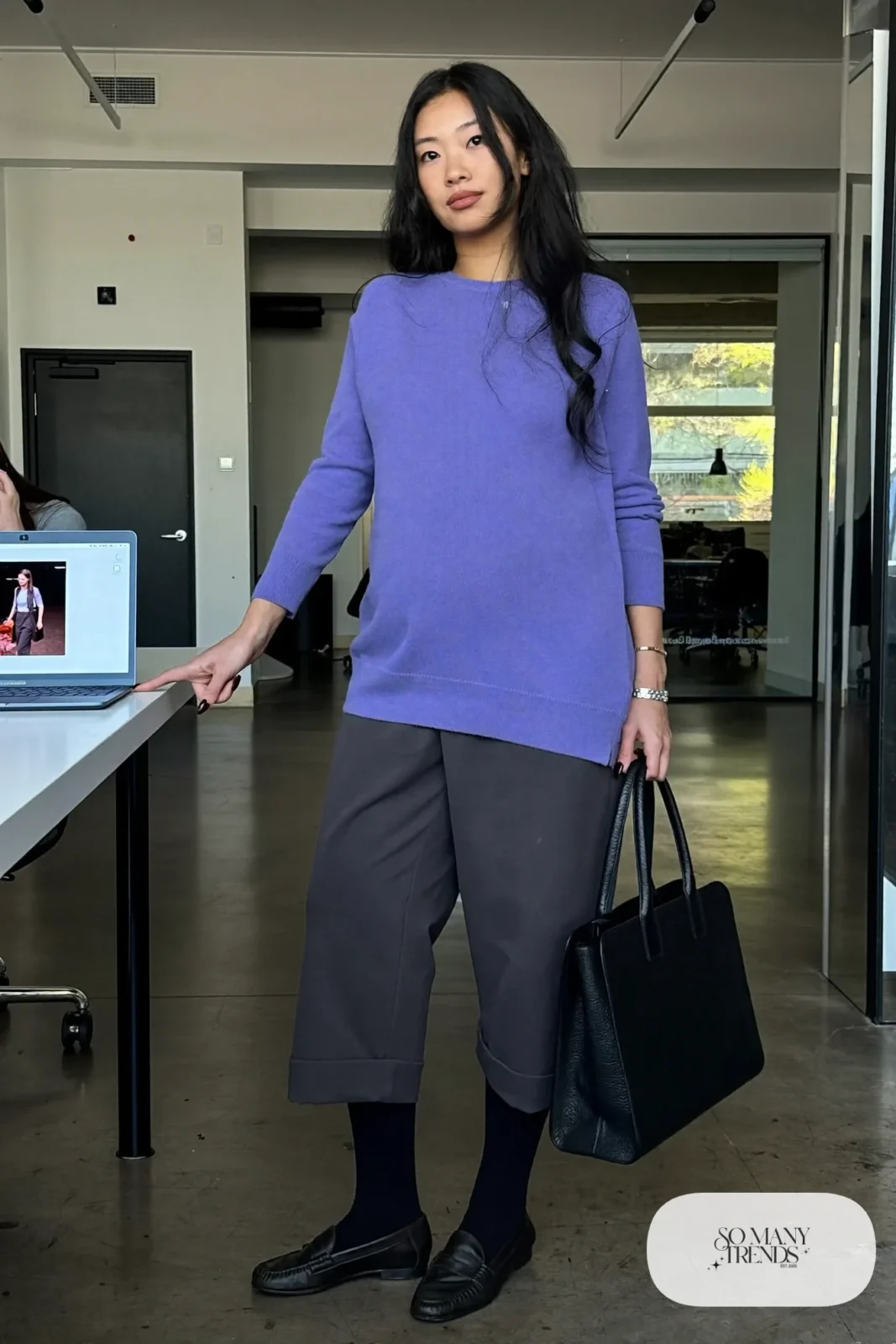 Lavender longline knit with charcoal barrel-leg maternity pants and black loafers - outfit 12