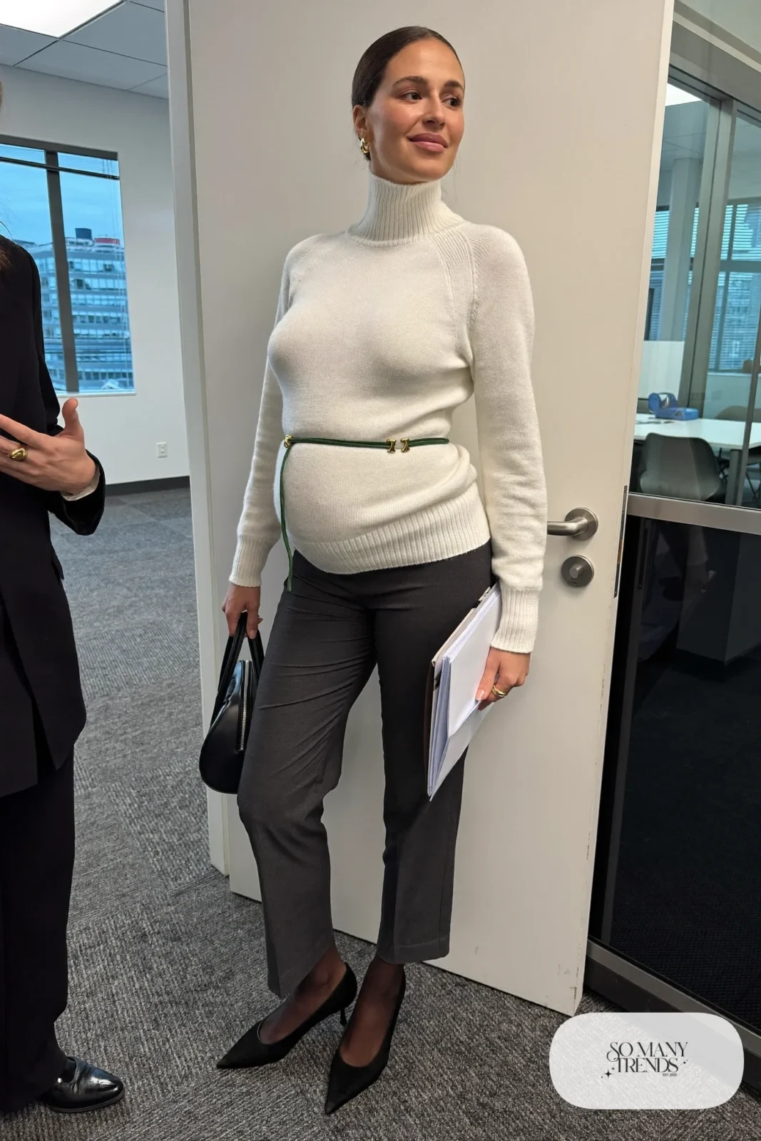 Ivory longline turtleneck with charcoal creased maternity trousers and black pumps - outfit 16