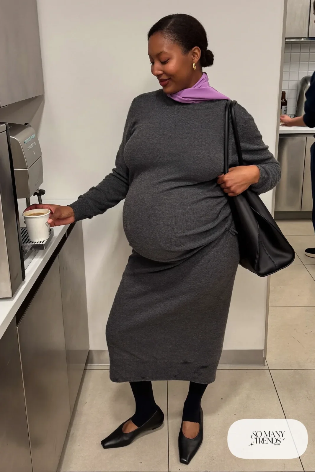 Matching charcoal knit maternity set with lavender scarf, sheer tights and black flats - outfit 22