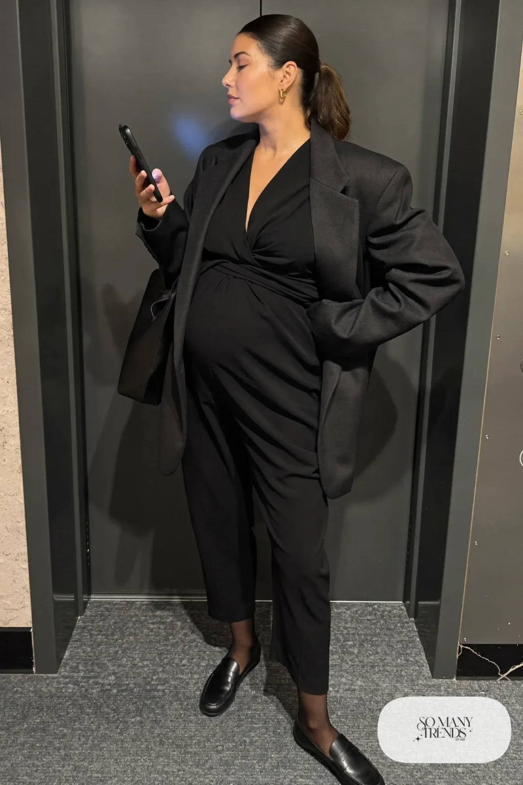Black crepe maternity jumpsuit with charcoal oversized blazer and black loafers - outfit 23