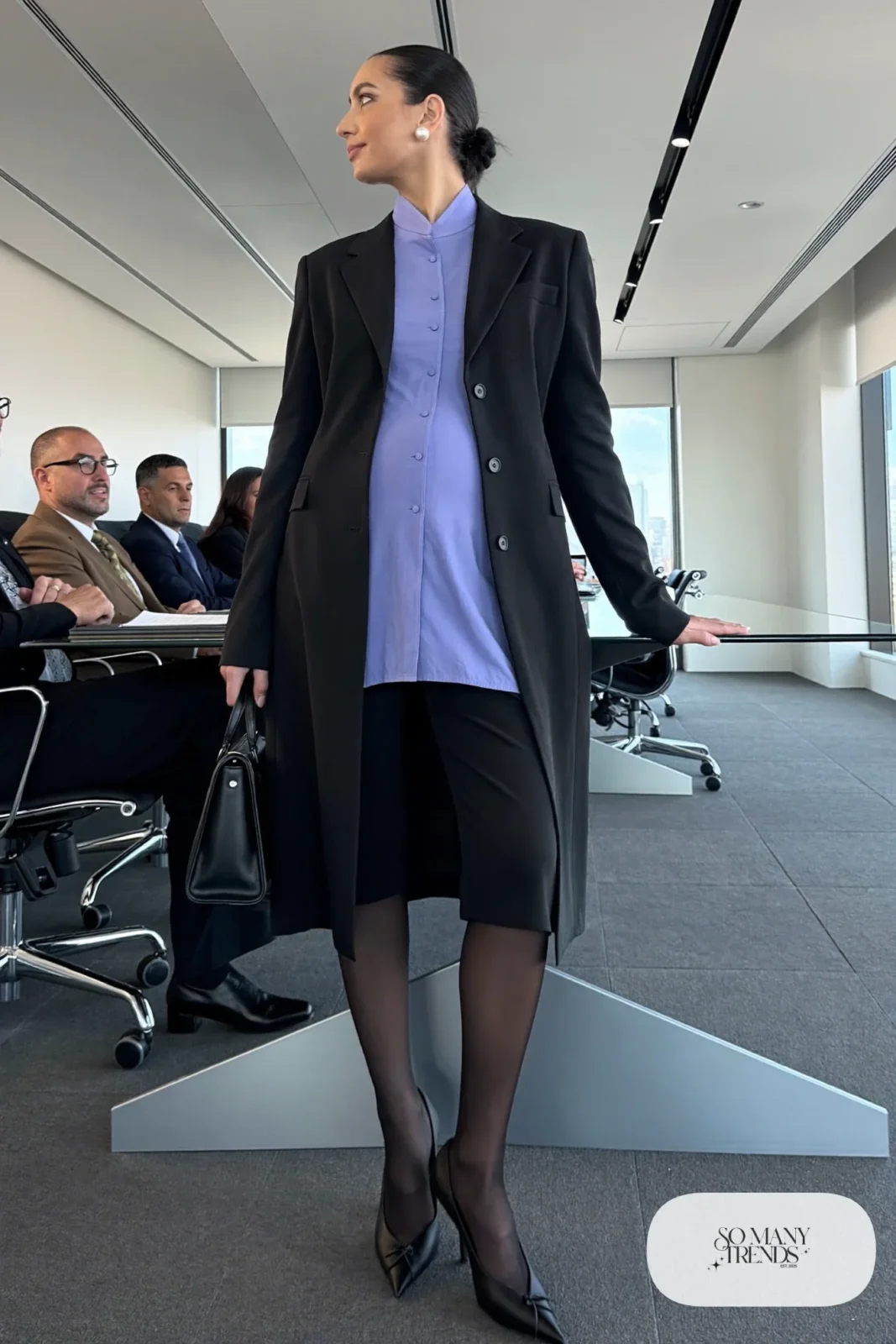 Black maternity suit with lavender silk-look blouse and black low-heel pumps - outfit 26