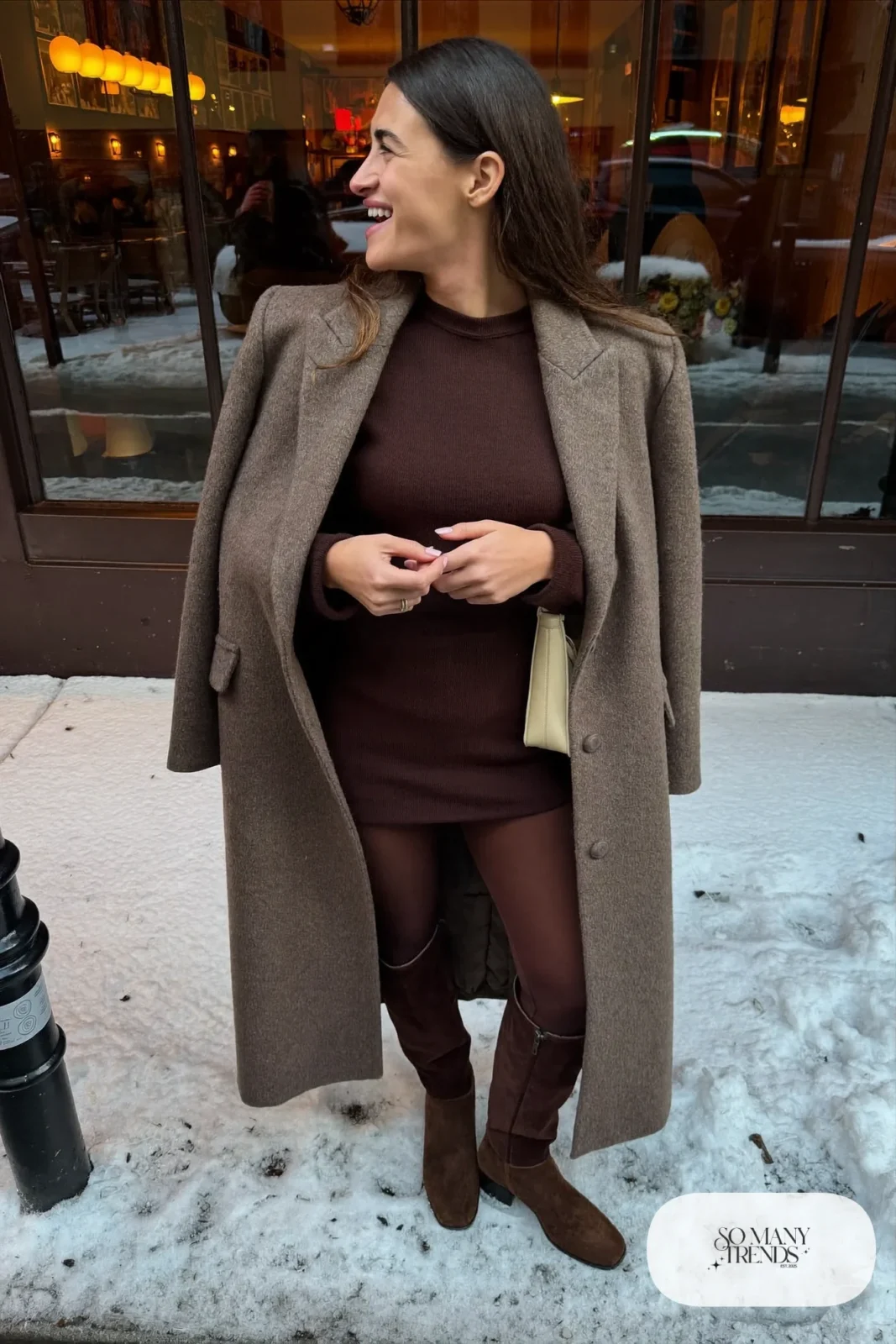 Chocolate brown fine knit midi dress, belted taupe wool coat, brown tights and suede ankle-to-knee boots, winter date outfit 3