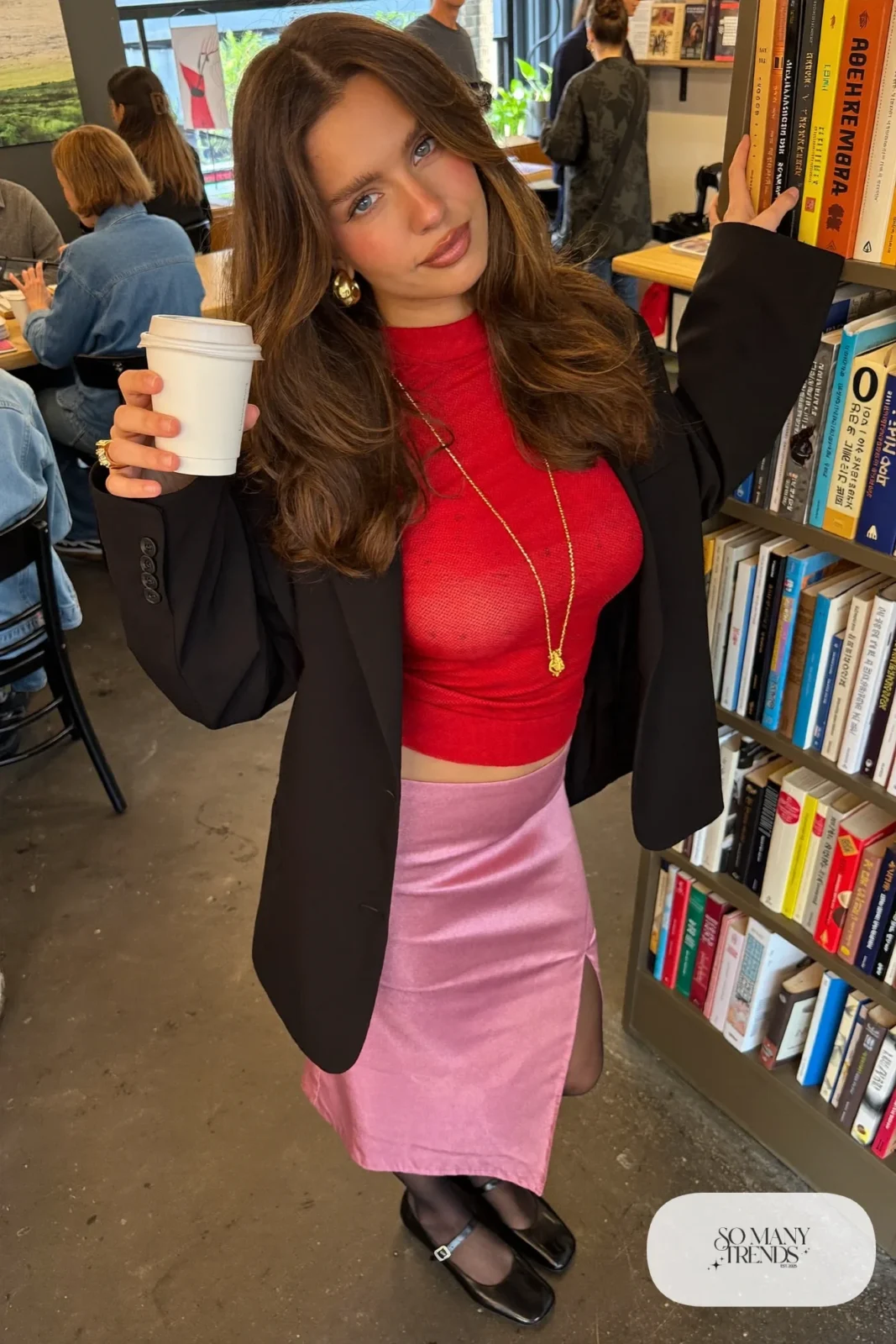 Red mock neck top, pink textured pencil midi skirt with slit, black oversized blazer and black Mary Jane flats, winter date outfit 10