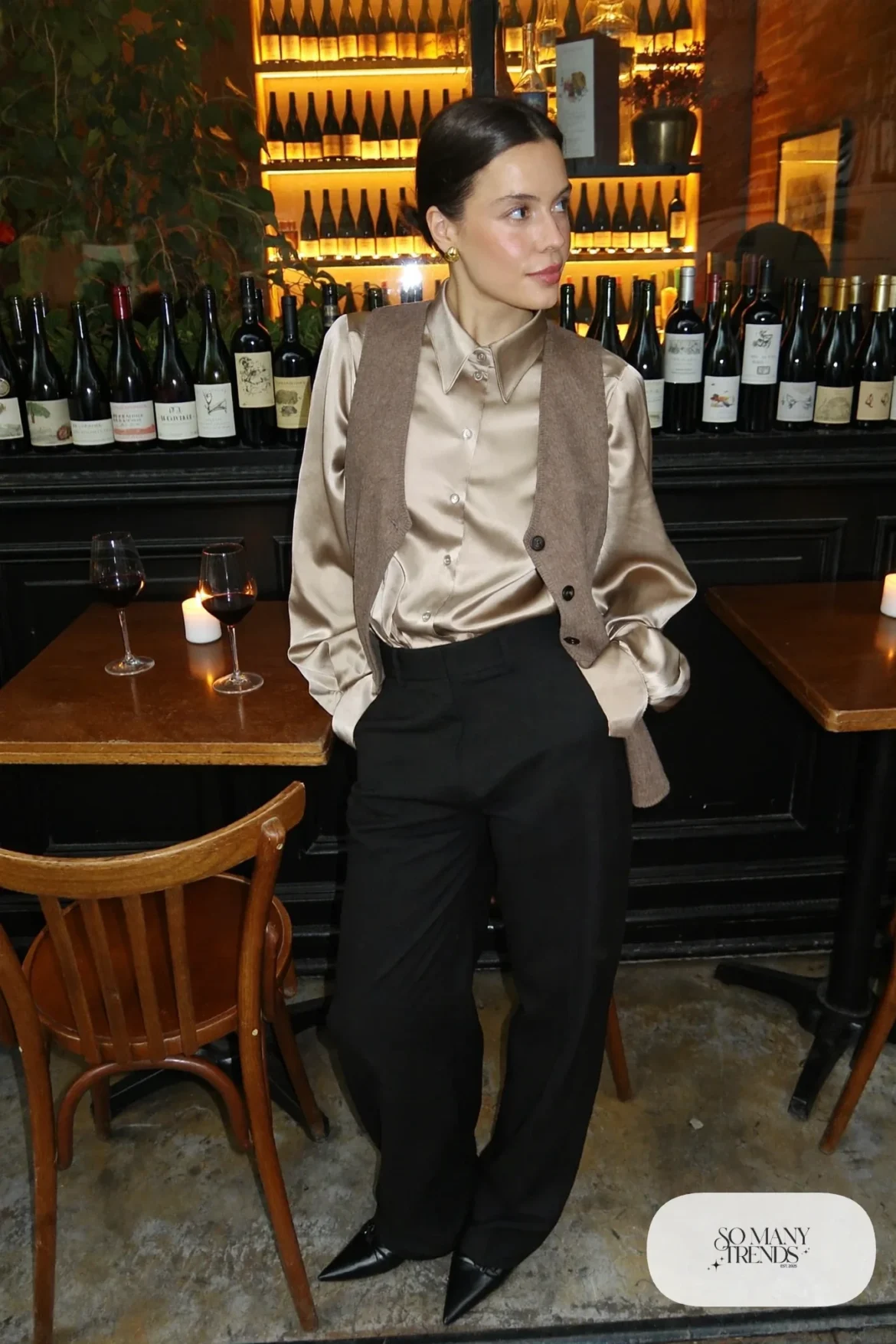 Champagne silk blouse, taupe knit vest, black wide-leg wool pants and black pointed loafers, winter date outfit 11