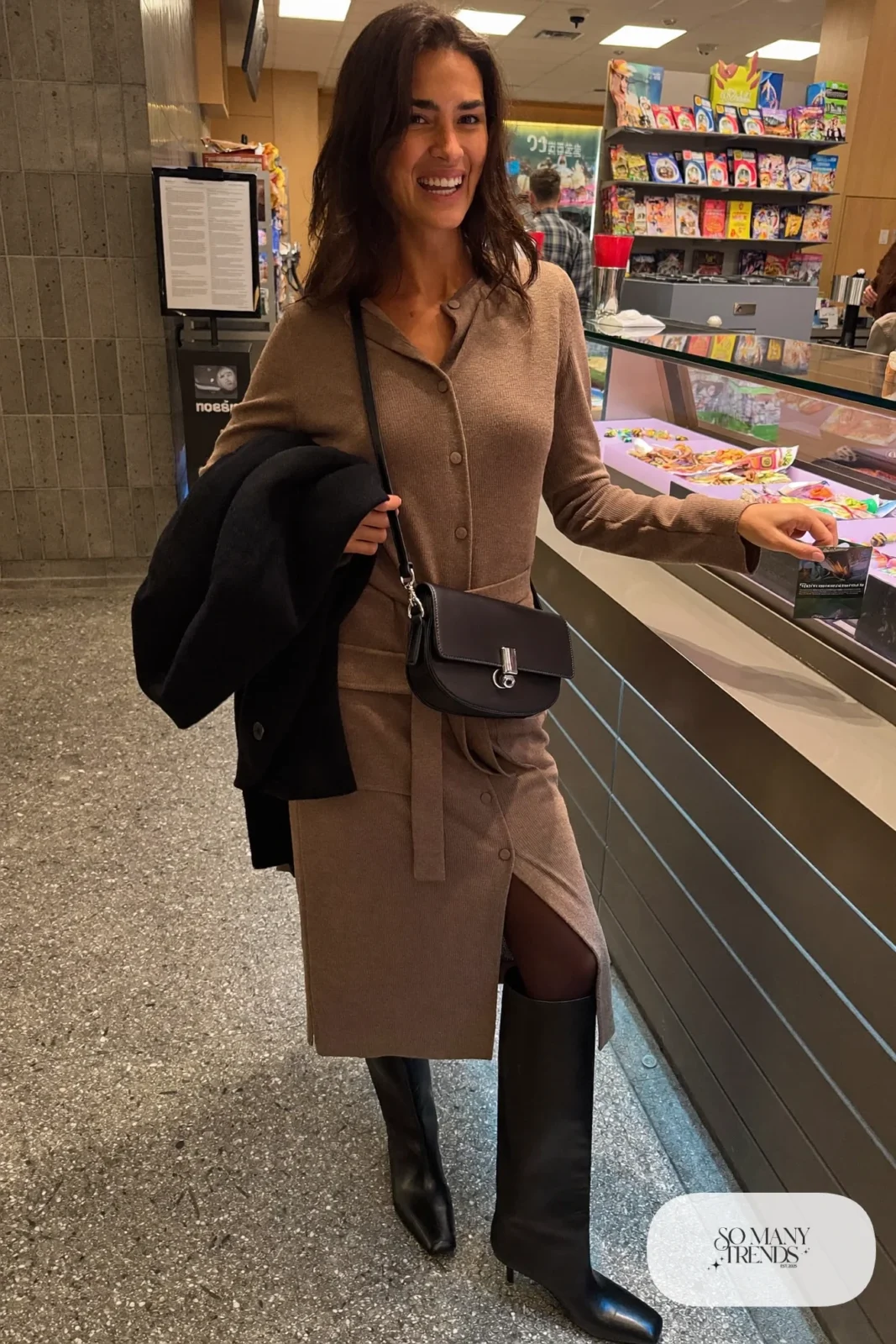 Long taupe knit belted cardigan dress, tall black boots, short wool coat and small crossbody bag, winter date outfit 15