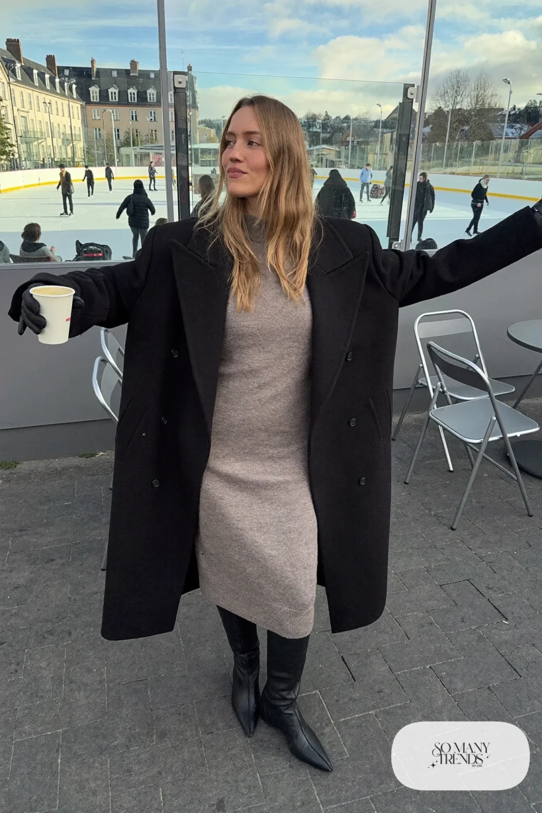Taupe knit midi dress, long black wool coat, tall black boots, leather gloves and wool hat, winter date outfit 23