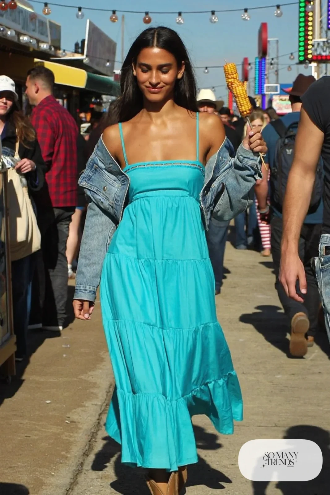 Woman in turquoise tiered midi sundress, cropped denim jacket and tan short cowboy boots, outfit 5