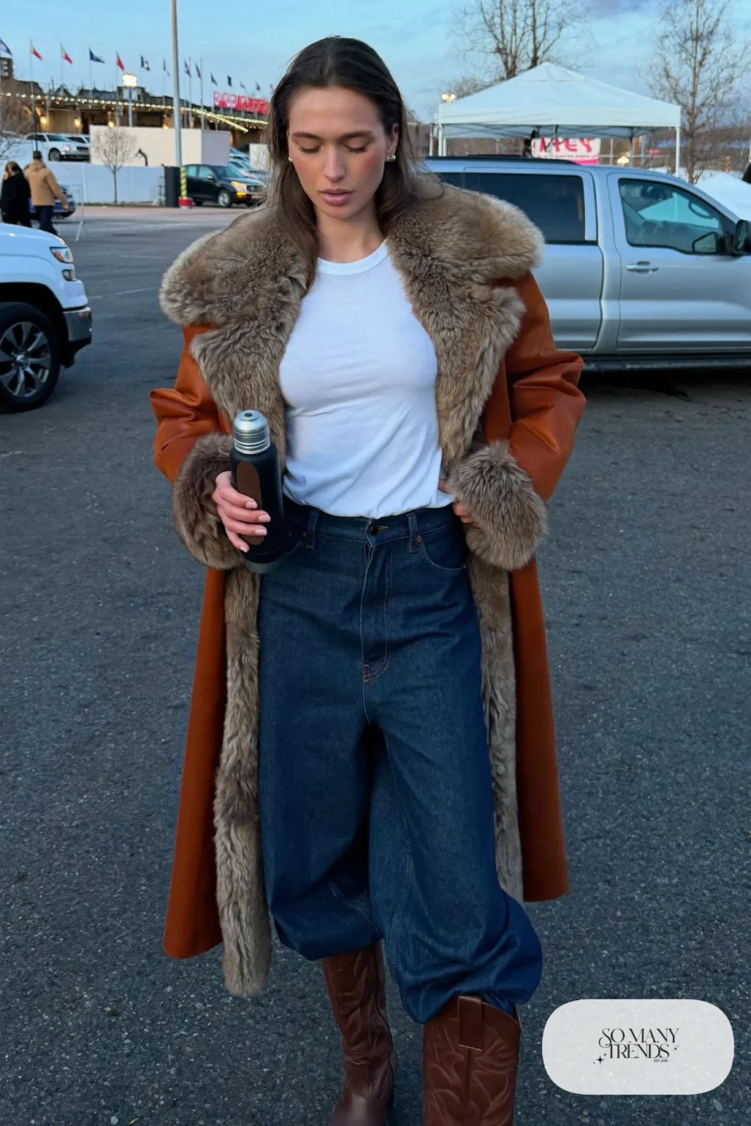 Woman in a cognac shearling-collar coat, white t-shirt, dark wide-leg jeans and brown cowboy boots, concert outfit 2