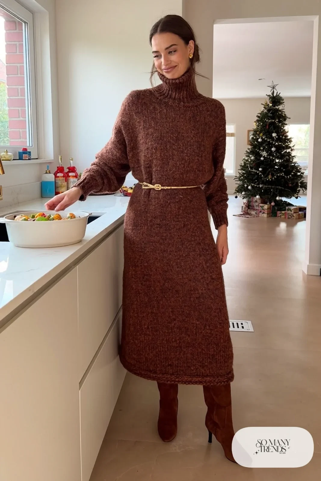 Look 10: mocha fine-knit turtleneck midi dress, thin gold belt, chocolate suede knee-high boots