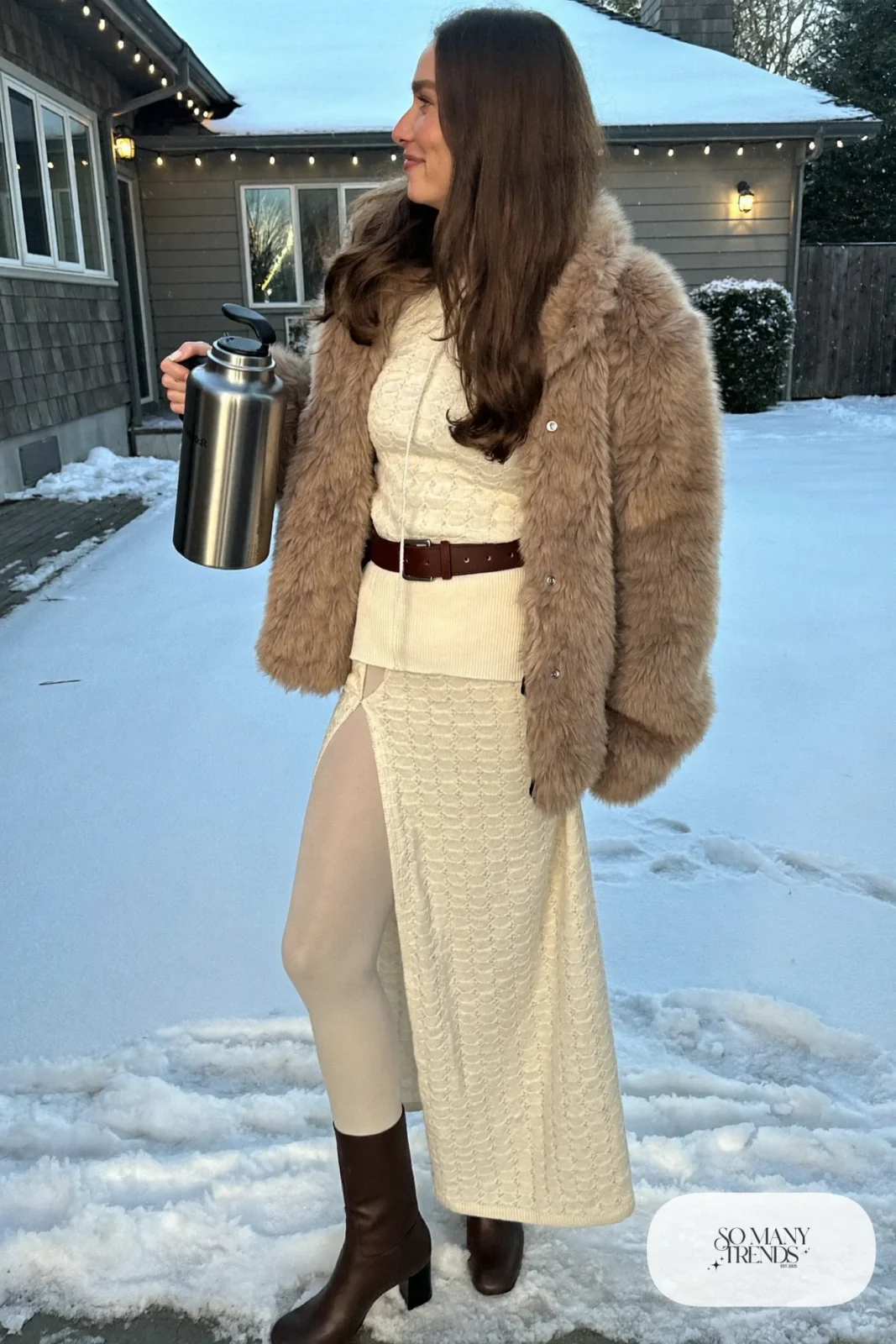 Look 23: cream knit midi sweater dress, mocha faux fur jacket, brown belt, opaque tights, brown ankle boots
