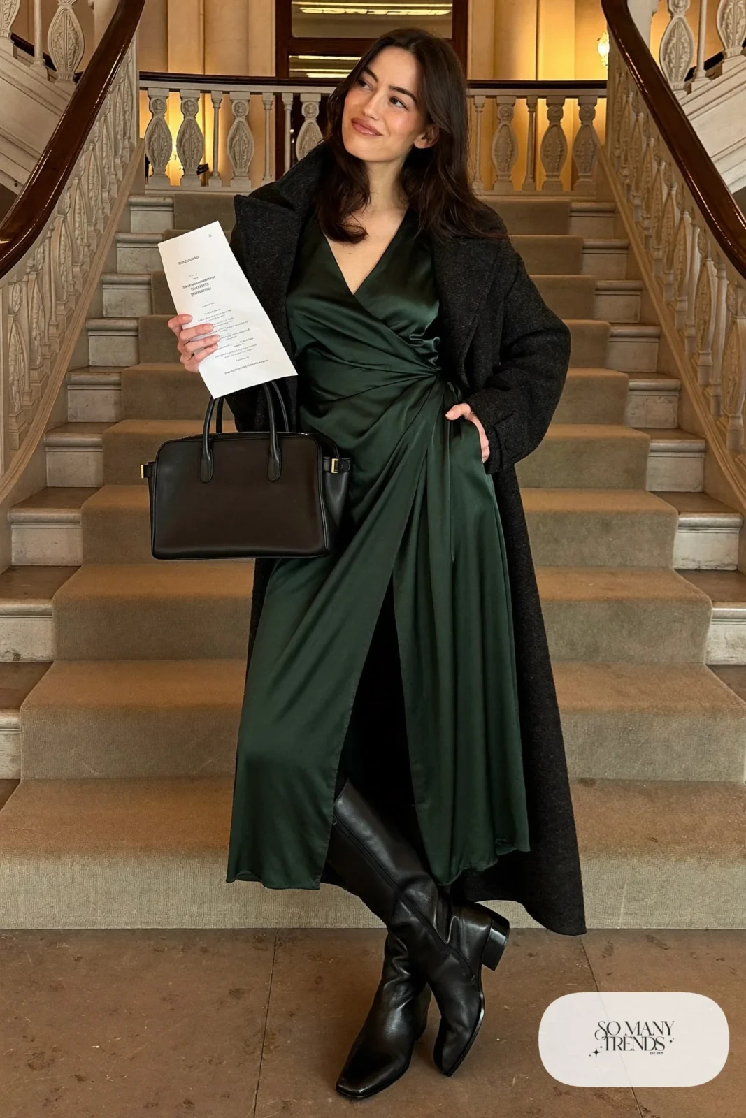 forest green satin midi wrap dress, long charcoal wool coat, black opaque tights, black block heel boots, nutcracker outfit 2