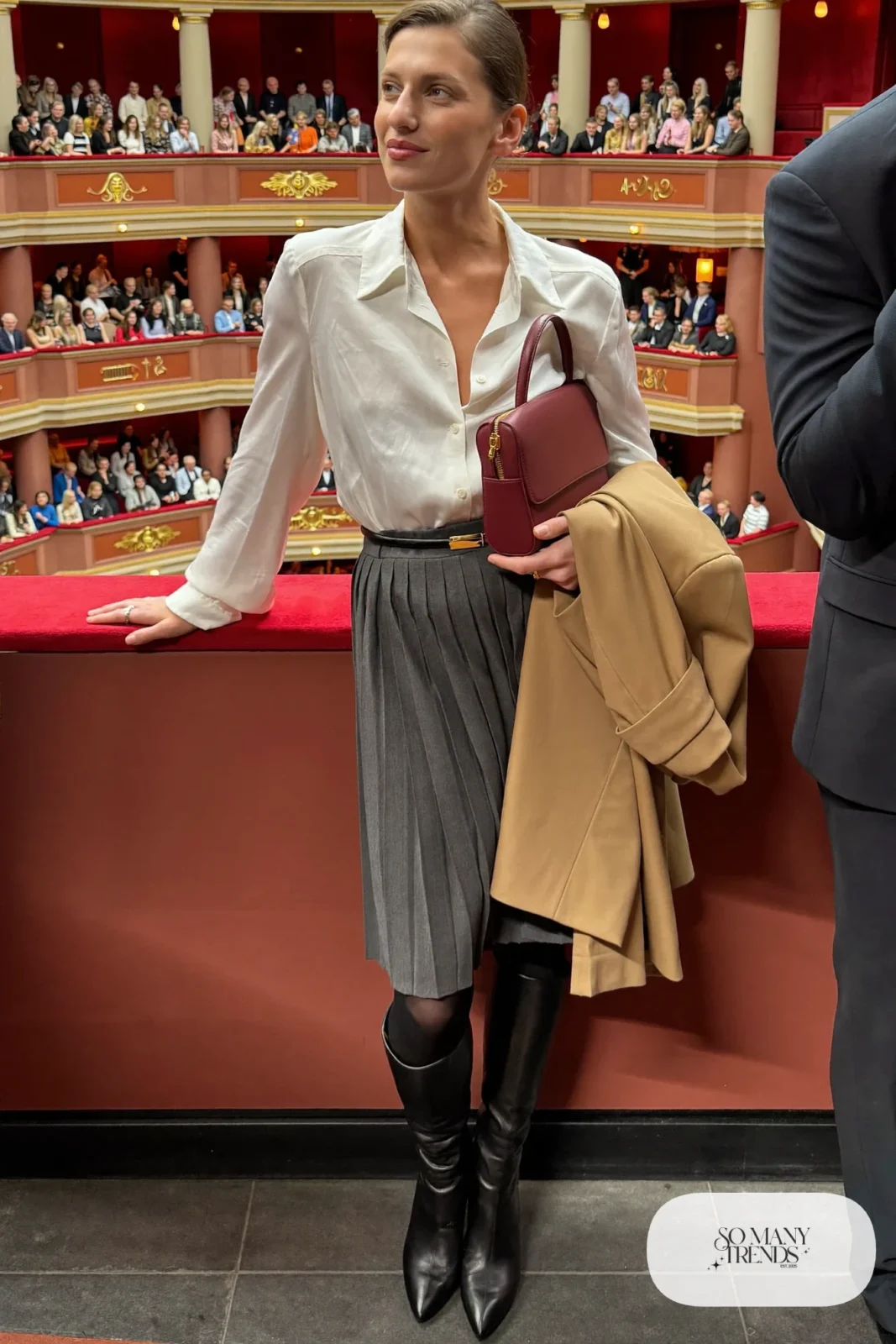 charcoal pleated midi skirt, ivory silk blouse, thin black belt, black tights, black knee-high boots, nutcracker outfit 7