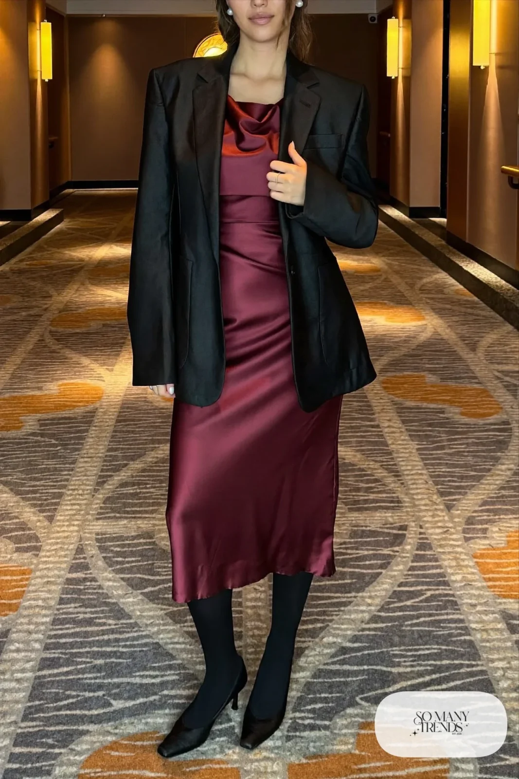black tuxedo blazer with satin lapels, burgundy satin slip midi dress, black opaque tights, black low pumps, nutcracker outfit 18