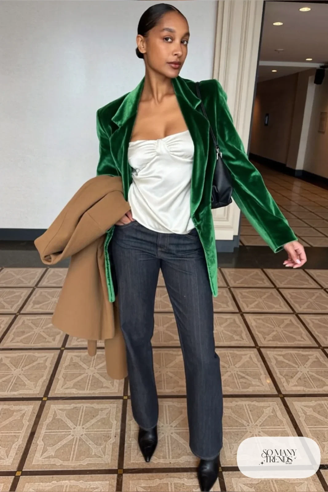 dark straight-leg jeans, forest green velvet blazer, ivory silk camisole, black pointed heeled boots, nutcracker outfit 21