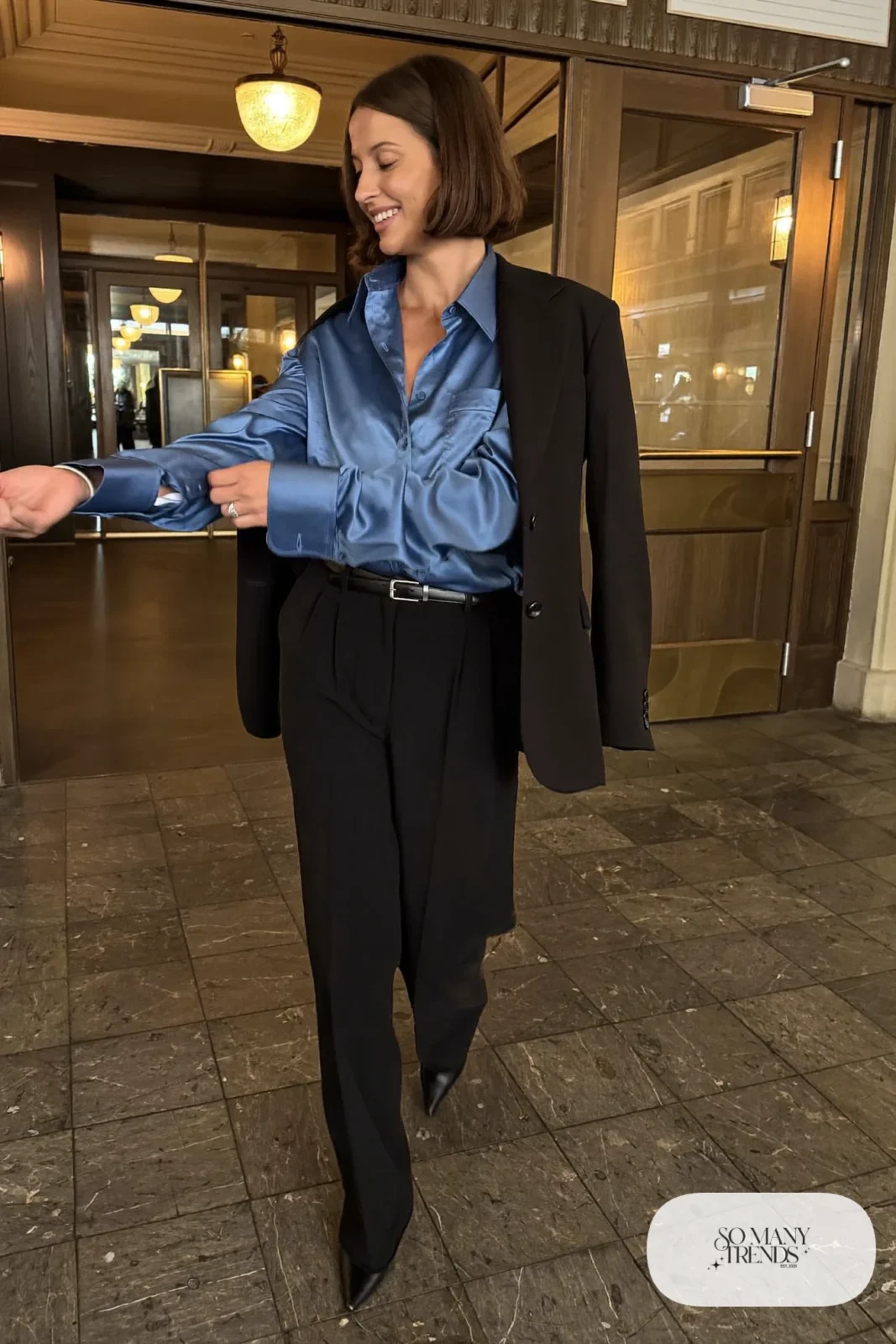sapphire blue satin blouse, black wide-leg pants, thin belt, black pointed heels, black blazer, nutcracker outfit 23