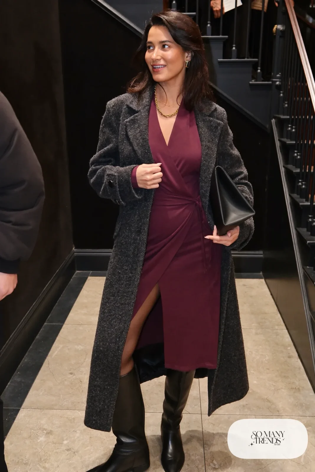 deep plum jersey midi wrap dress, tall black boots, charcoal coat, small gold earrings, black clutch, nutcracker outfit 25