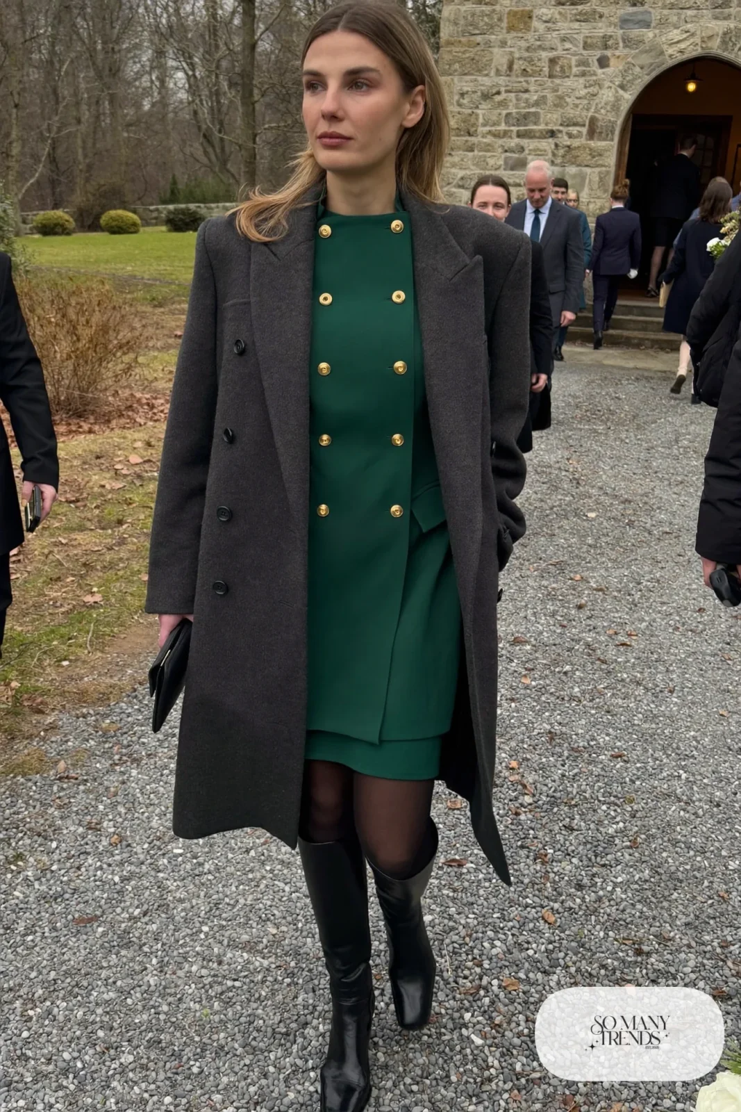 emerald double-breasted crepe blazer dress with gold buttons, opaque tights, black knee boots, charcoal long coat, winter wedding guest outfit 10