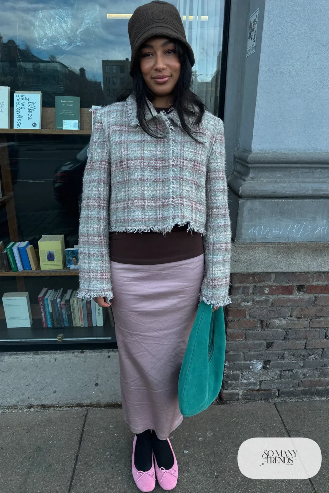 Look 2: cropped plaid tweed jacket with frayed edges, blush satin pencil midi skirt, brown knit bucket hat and pink suede ballet flats