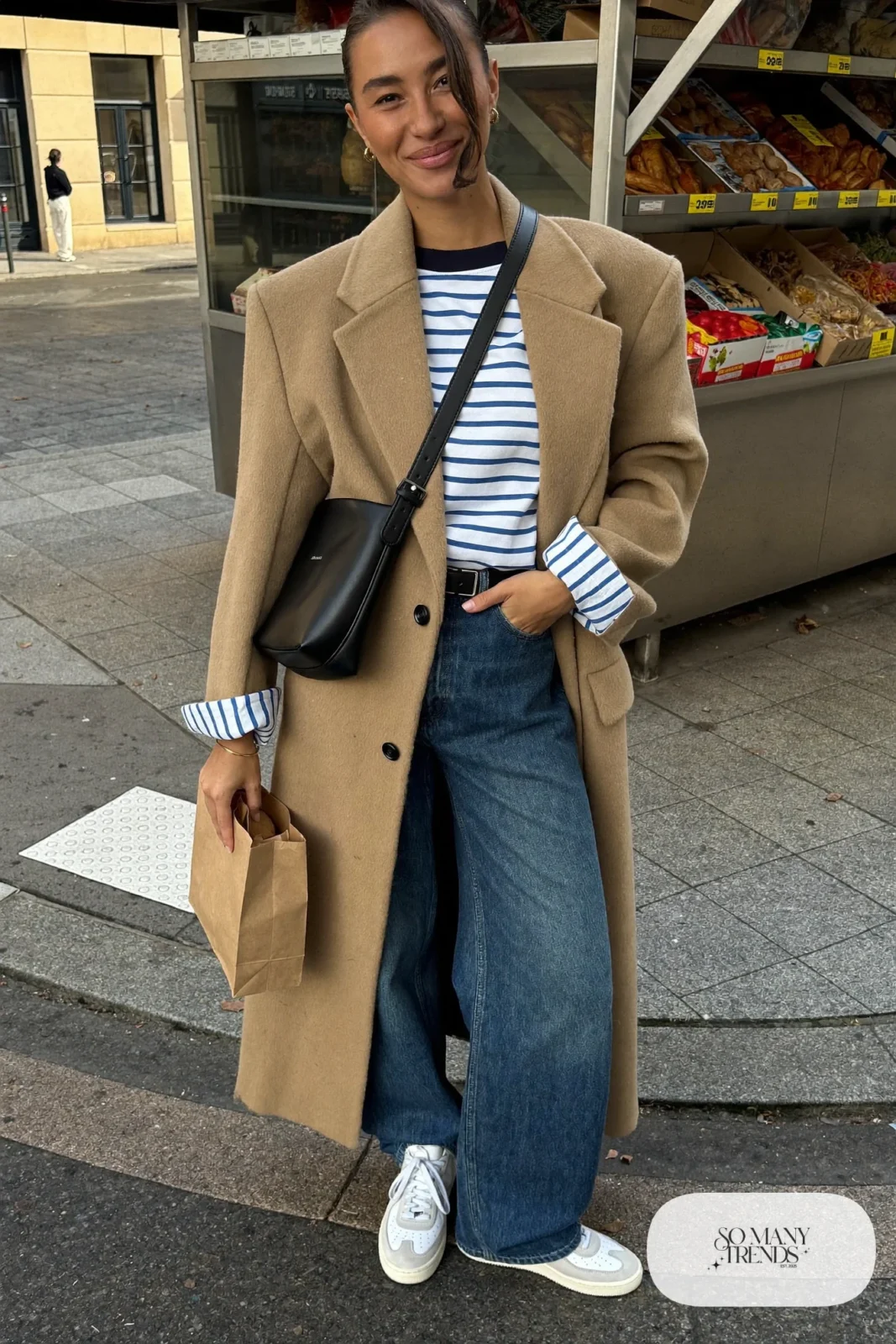 Look 15: camel oversized blazer, navy and white striped long-sleeve tee, wide-leg blue jeans and white leather sneakers