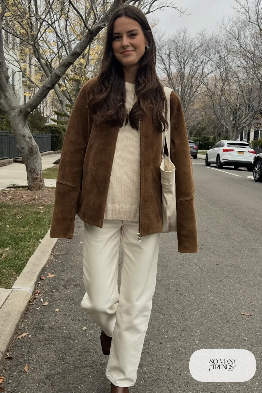 Look 17: chocolate brown suede jacket, cream knit sweater, ivory straight jeans and brown leather ankle boots