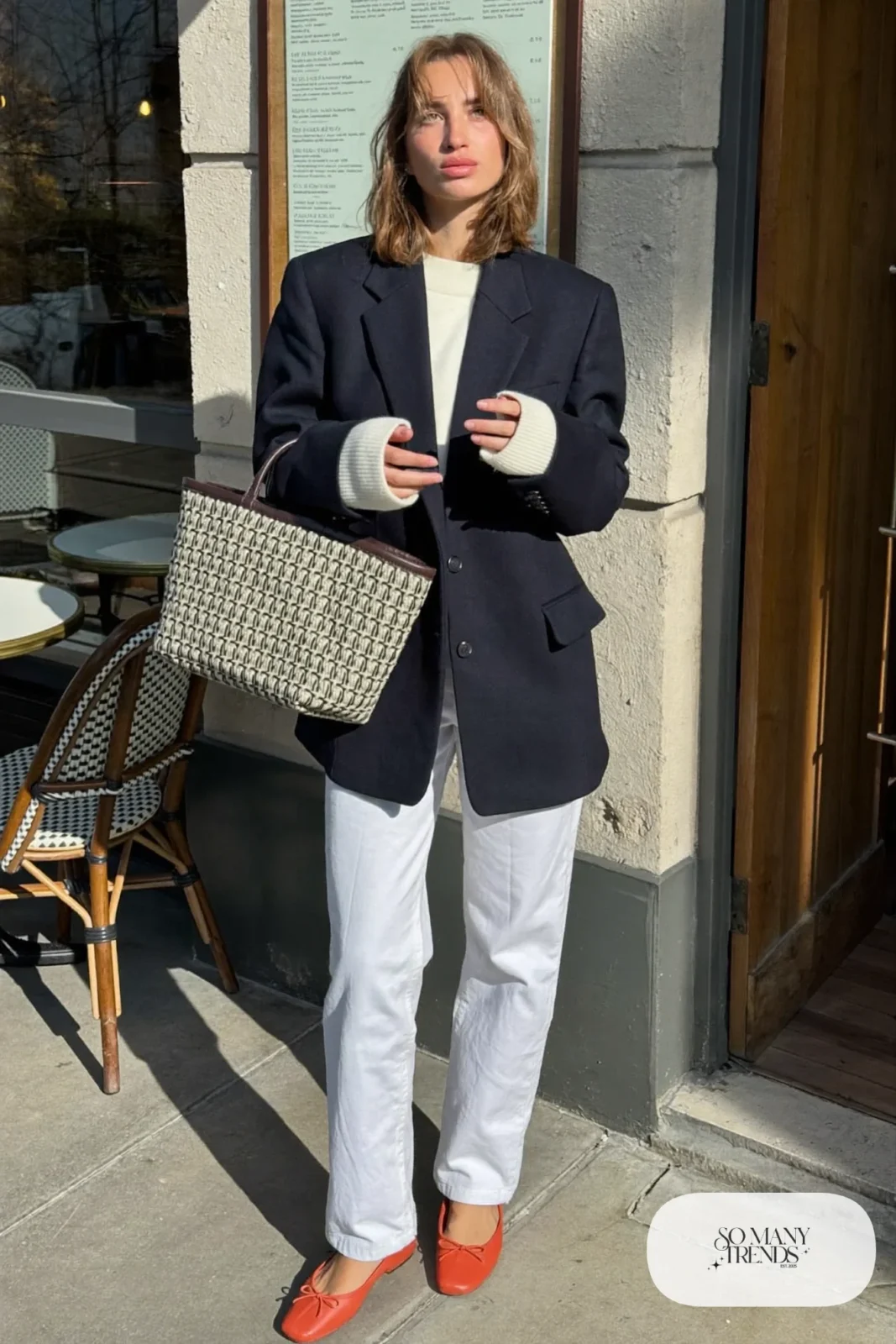Look 21: navy blazer, white knit sweater, white straight jeans and coral leather flats